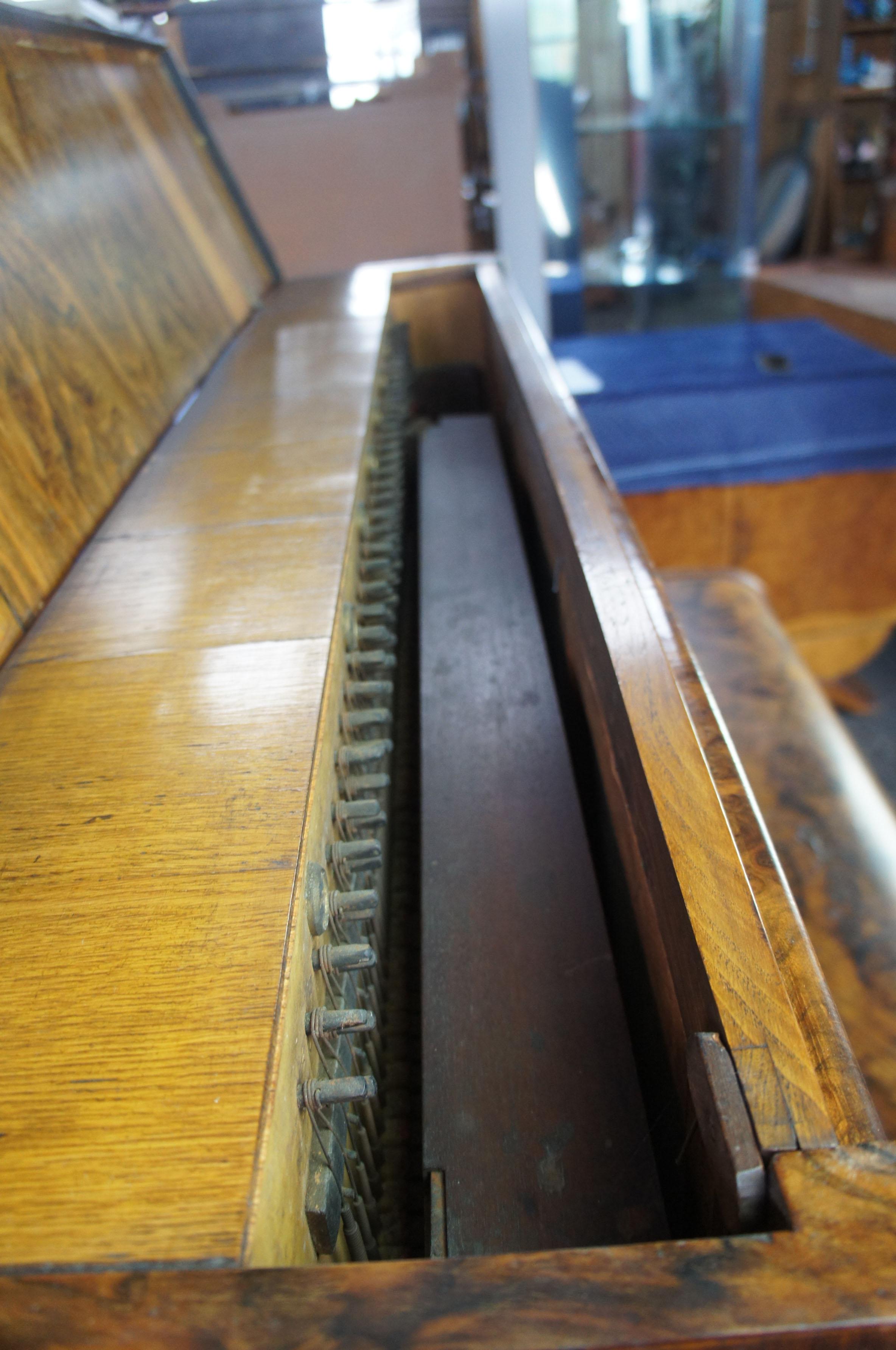 Victorian Walnut Burr Upright Piano Beethoven Medallion Fretwork James Dace 1890 In Fair Condition In Dayton, OH