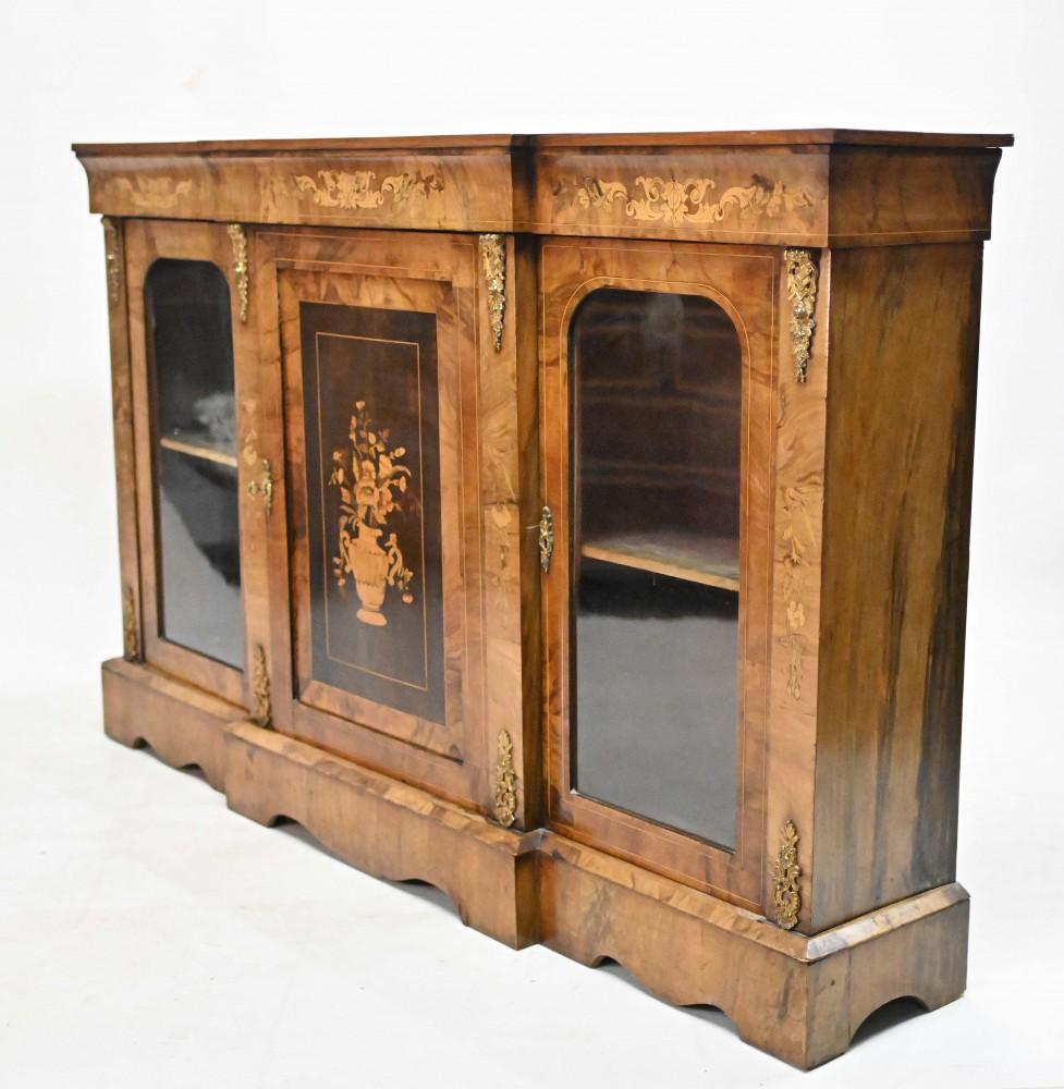 Mid-19th Century Victorian Walnut Cabinet Sideboard Breakfront Inlay For Sale
