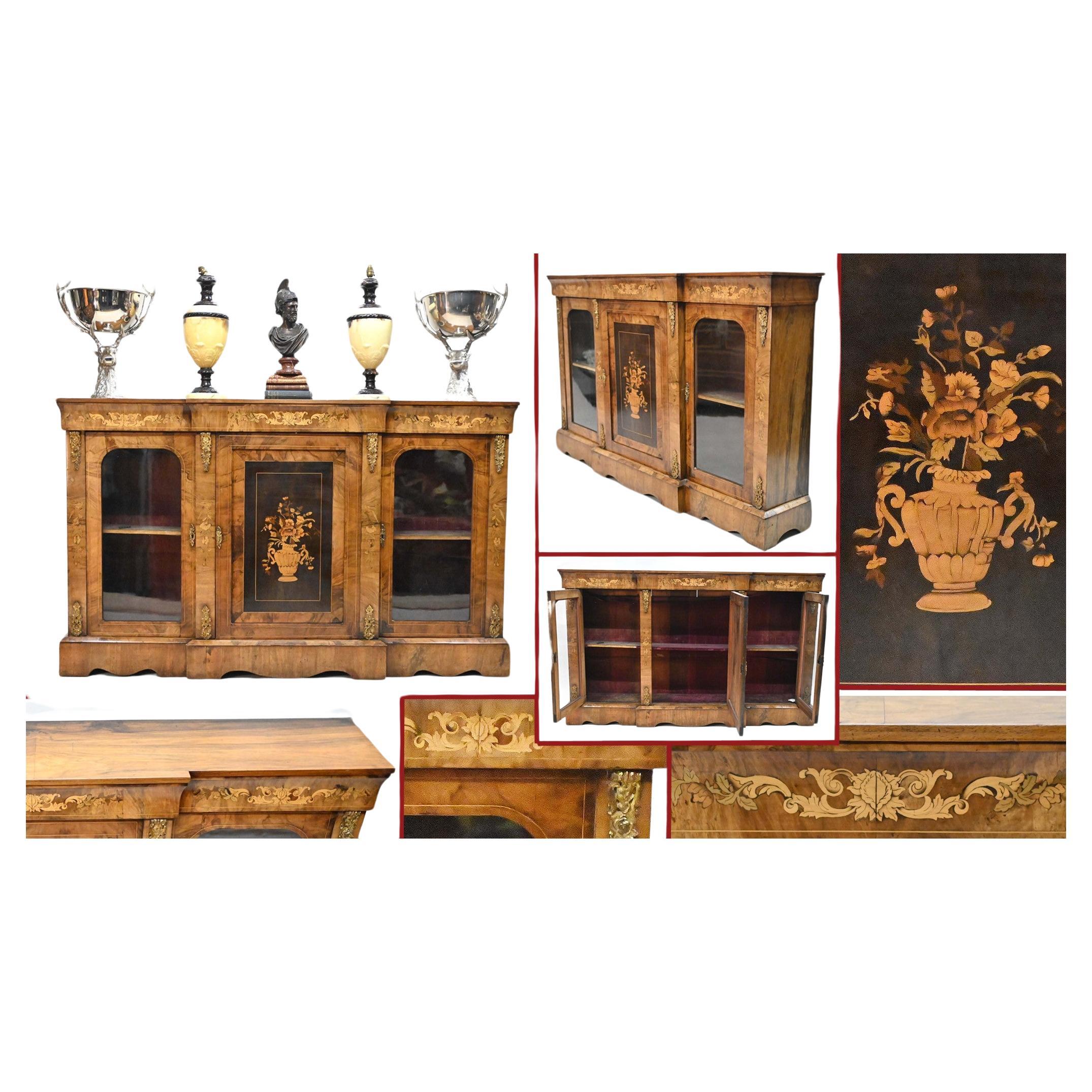 Victorian Walnut Cabinet Sideboard Breakfront Inlay