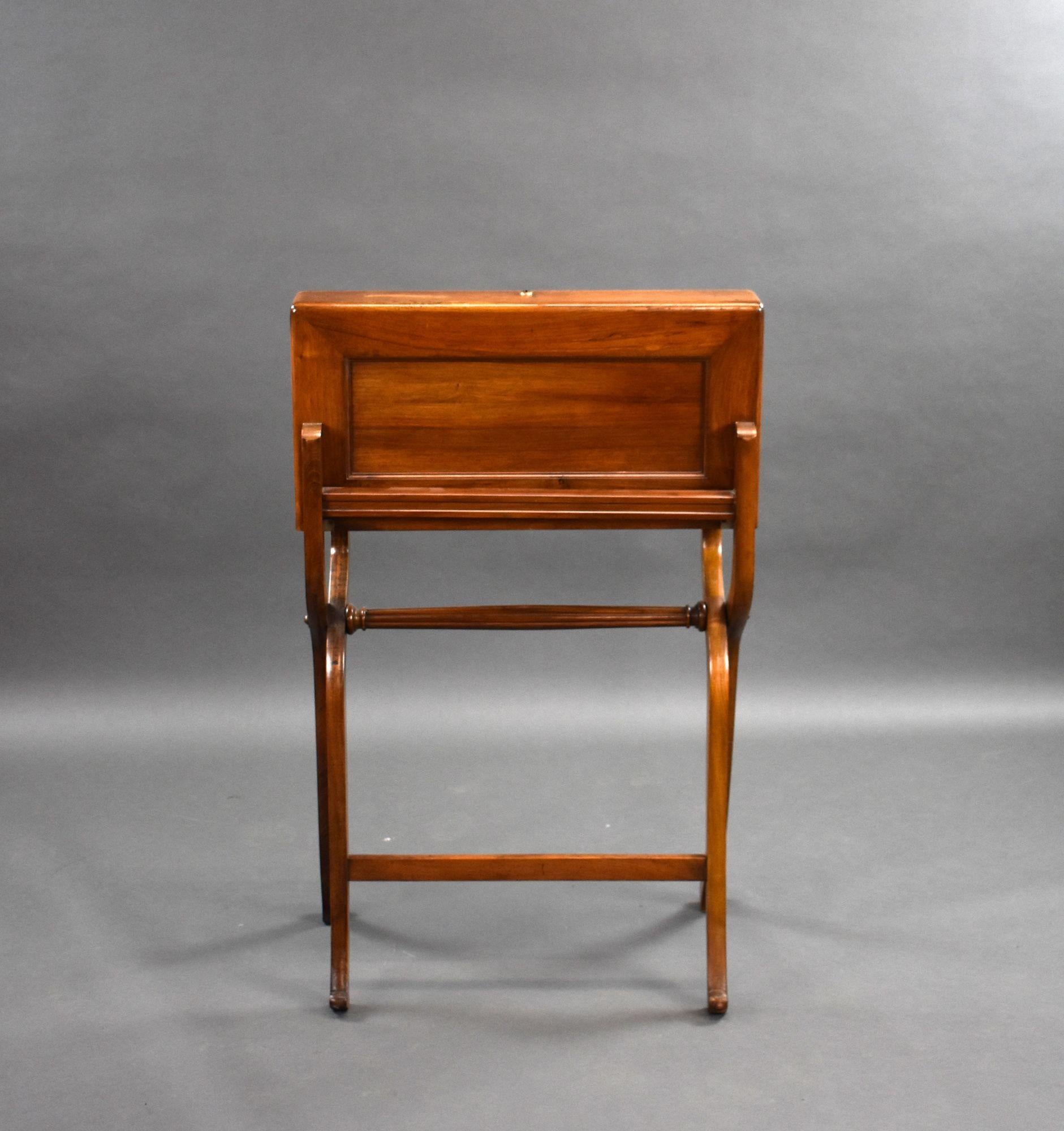 For sale is a good quality Victorian walnut campaign travelling desk, opening to a maroon leather interior, the frame remains in very good condition for its age. The original interior is quite worn, please see pictures. 
 
Closed = Width: 62cm
