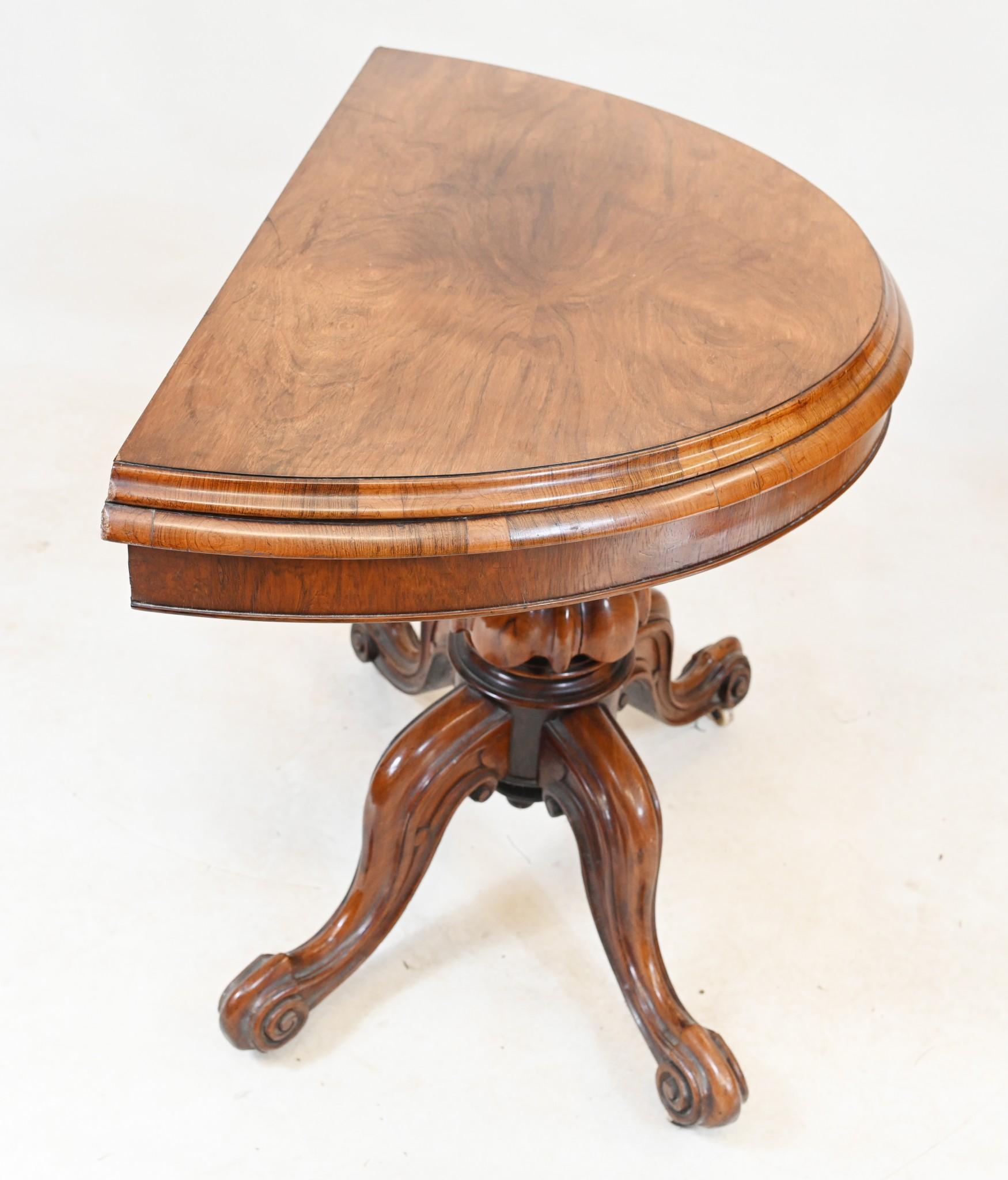 Victorian Walnut Card Table Demi Lune 1860 Games In Good Condition For Sale In Potters Bar, GB