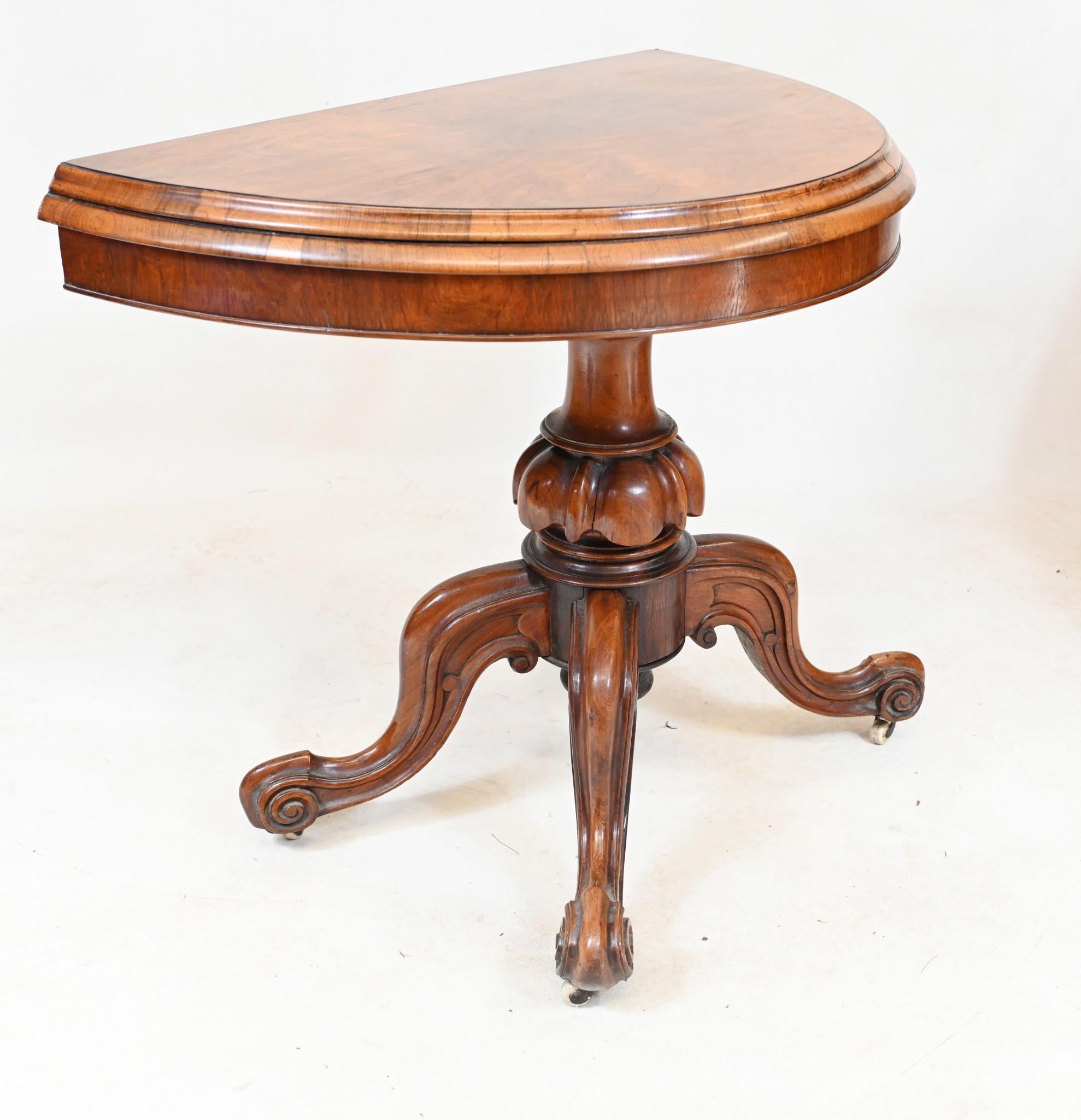 Victorian Walnut Card Table Demi Lune 1860 Games For Sale 1