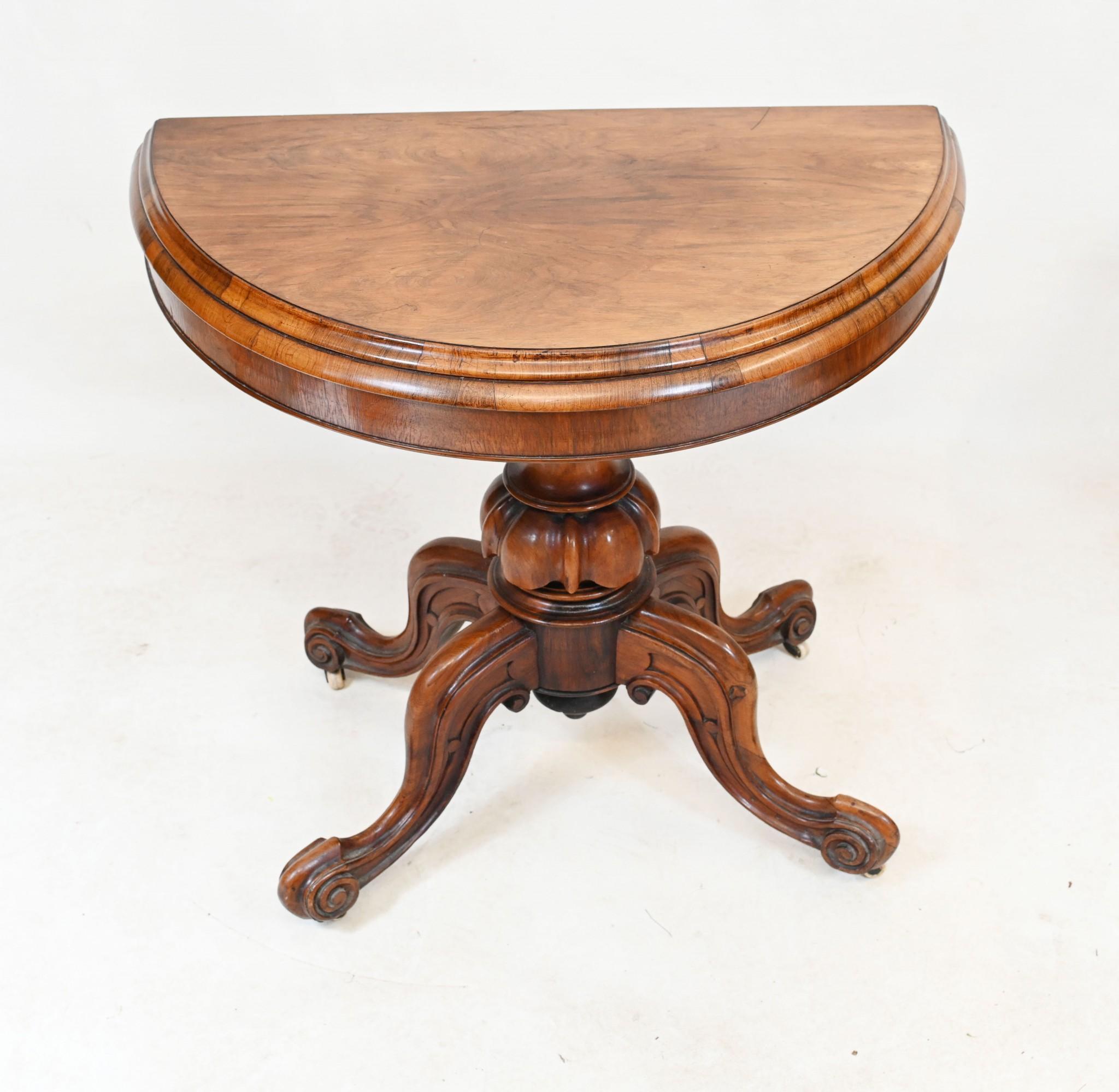 Victorian Walnut Card Table Demi Lune 1860 Games For Sale 3
