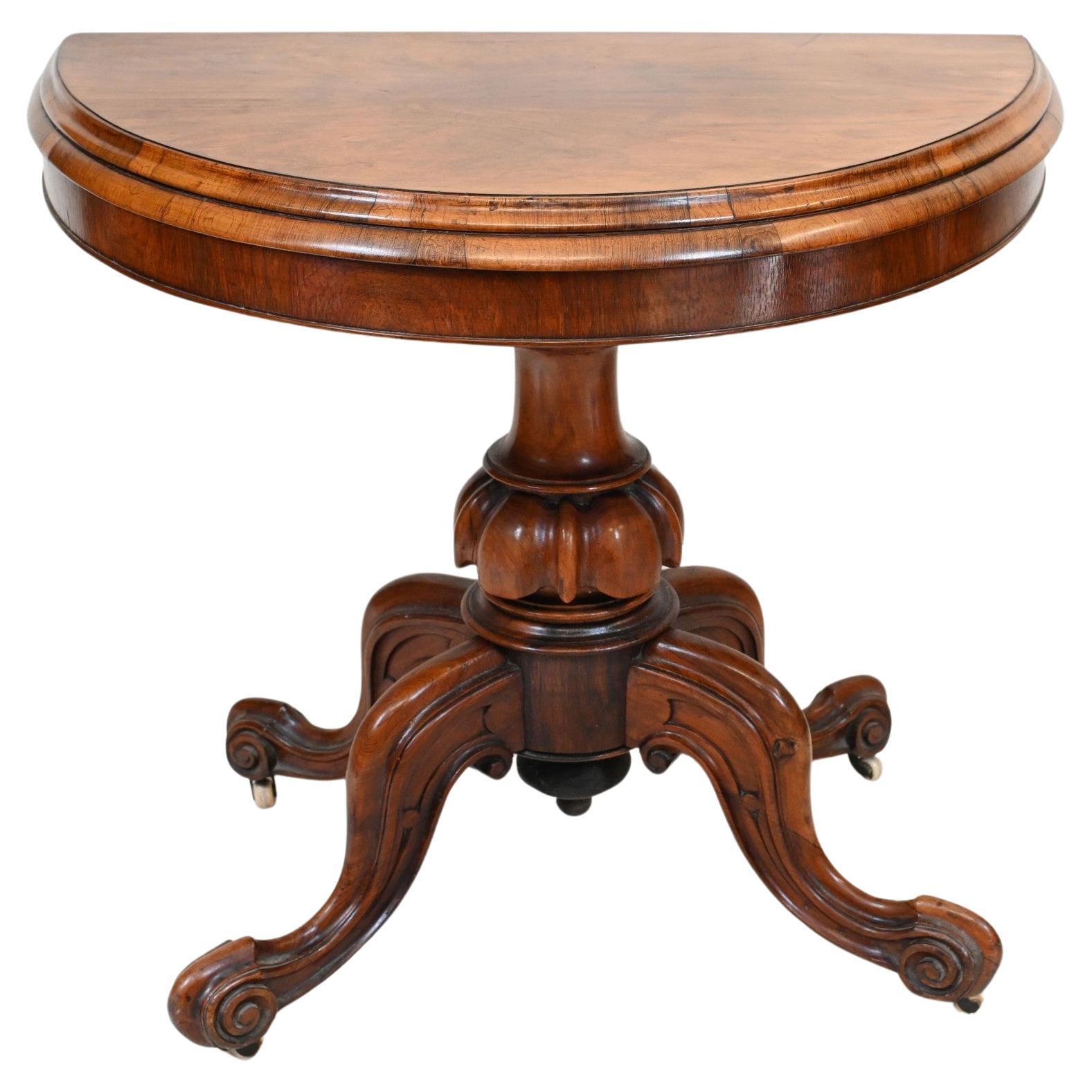 Victorian Walnut Card Table Demi Lune 1860 Games