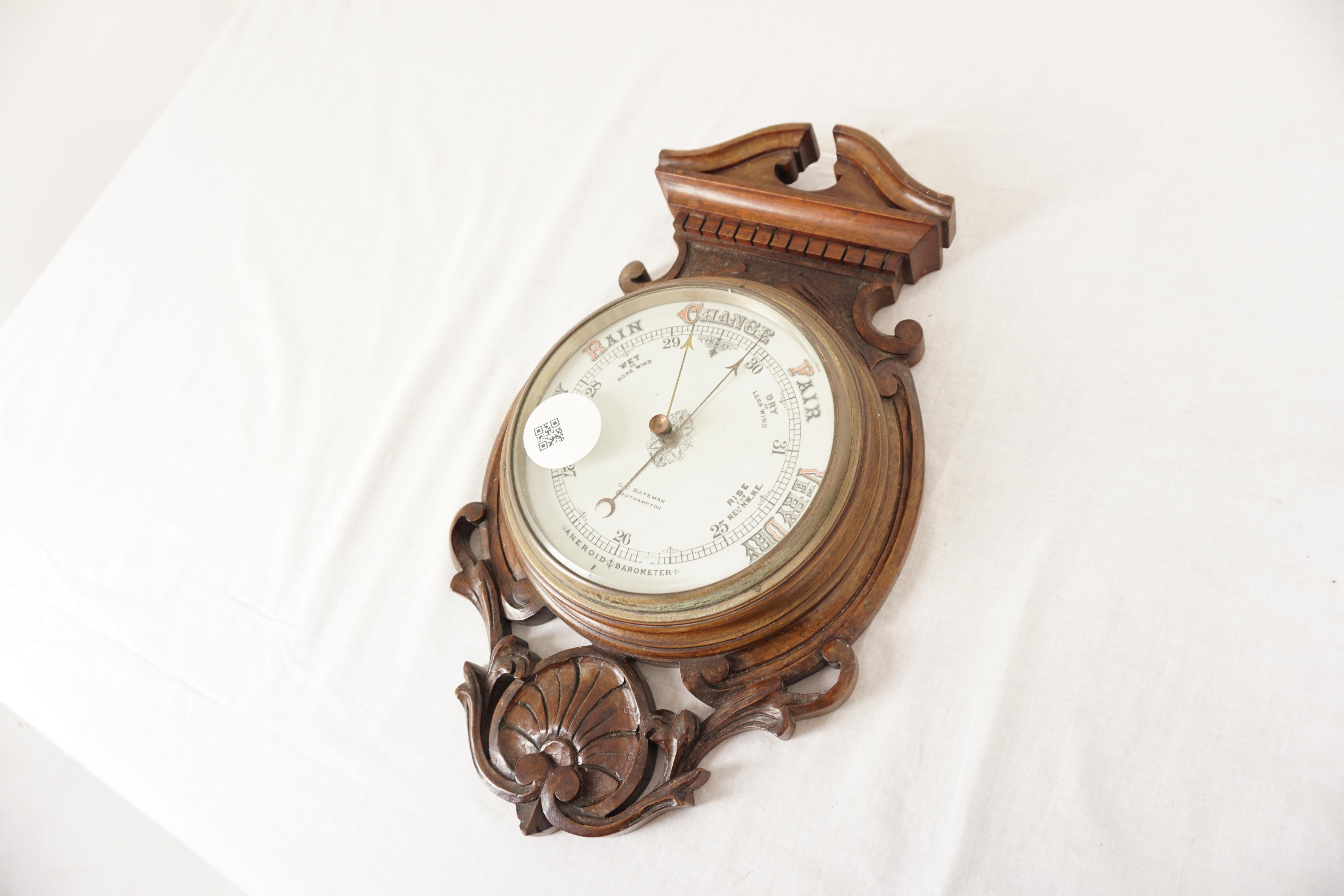 Ant. Victorian Polished Walnut Carved Wall Aneroid Barometer G.C. Bateman, South Hampton, Scotland 1880, H1037

Scotland 1880
Solid Walnut
Original Finish
Carved Swan Neck top
Circular porcelain dial
Hand painted numbers
With brass bezel