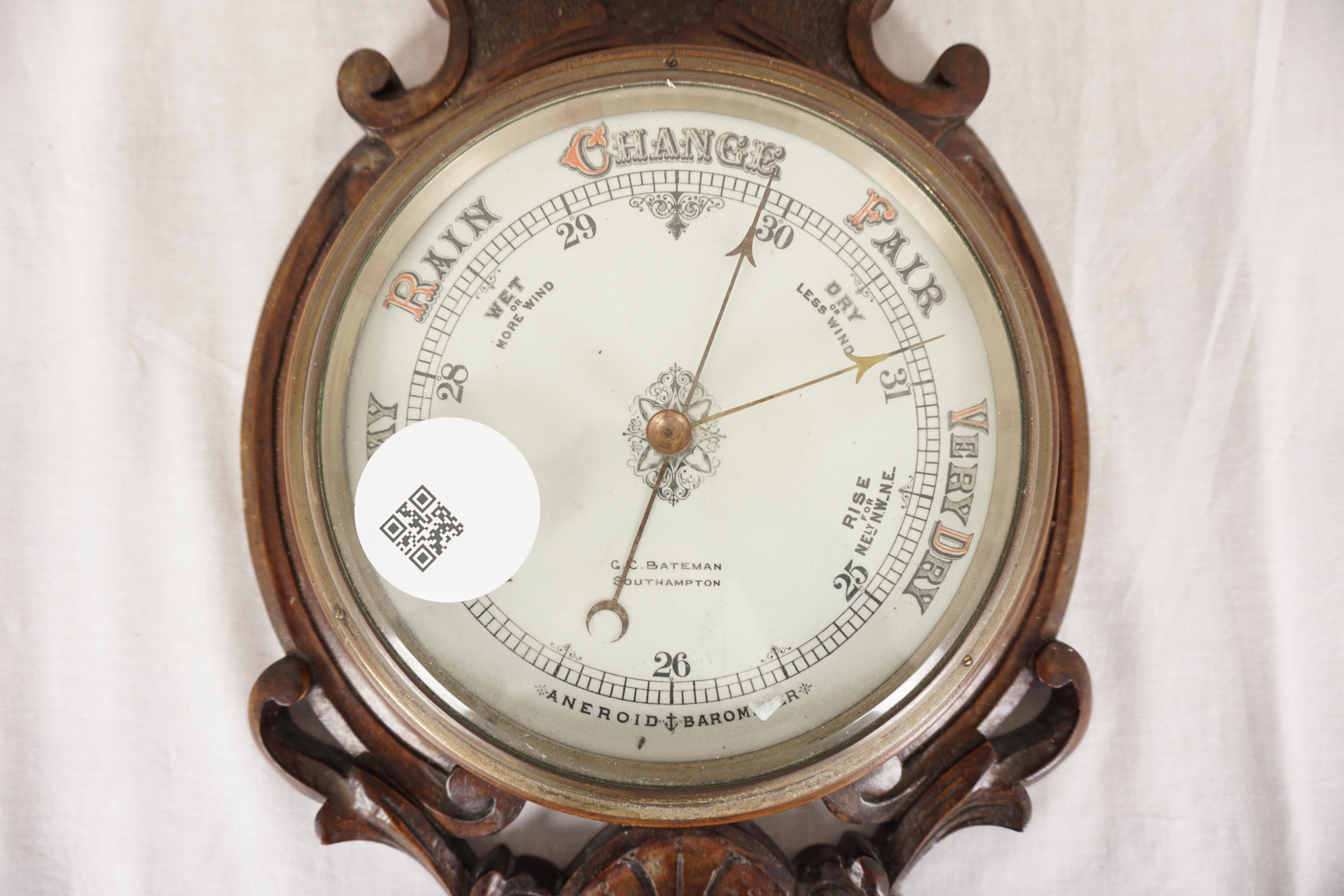viktorianisches geschnitztes Wand Aneroid-Barometer aus Nussbaumholz G.C. Bateman Schottland 1880, H1037 im Zustand „Gut“ im Angebot in Vancouver, BC