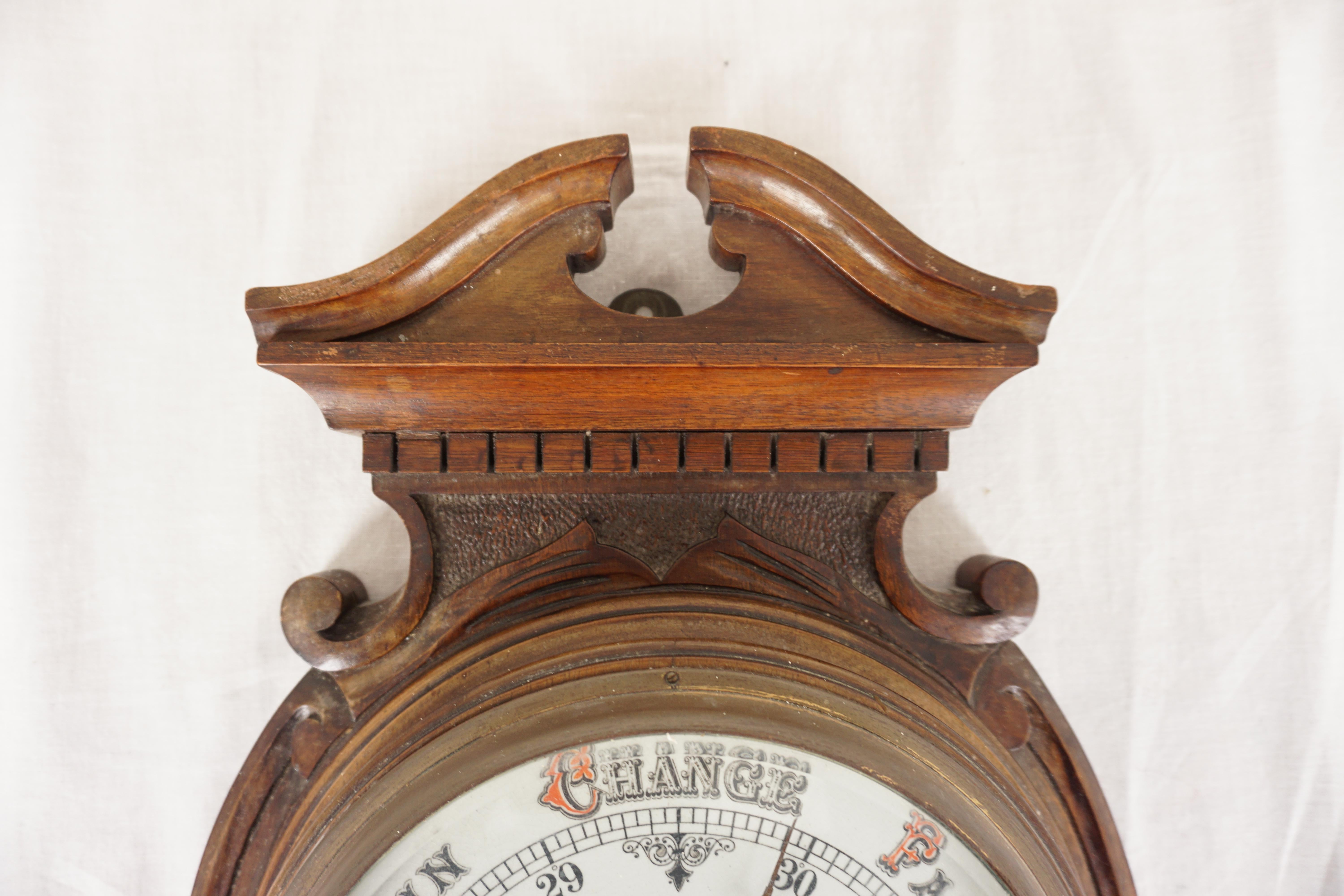 Victorian Walnut Carved Wall Aneroid Barometer G.C. Bateman Scotland 1880, H1037 In Good Condition For Sale In Vancouver, BC
