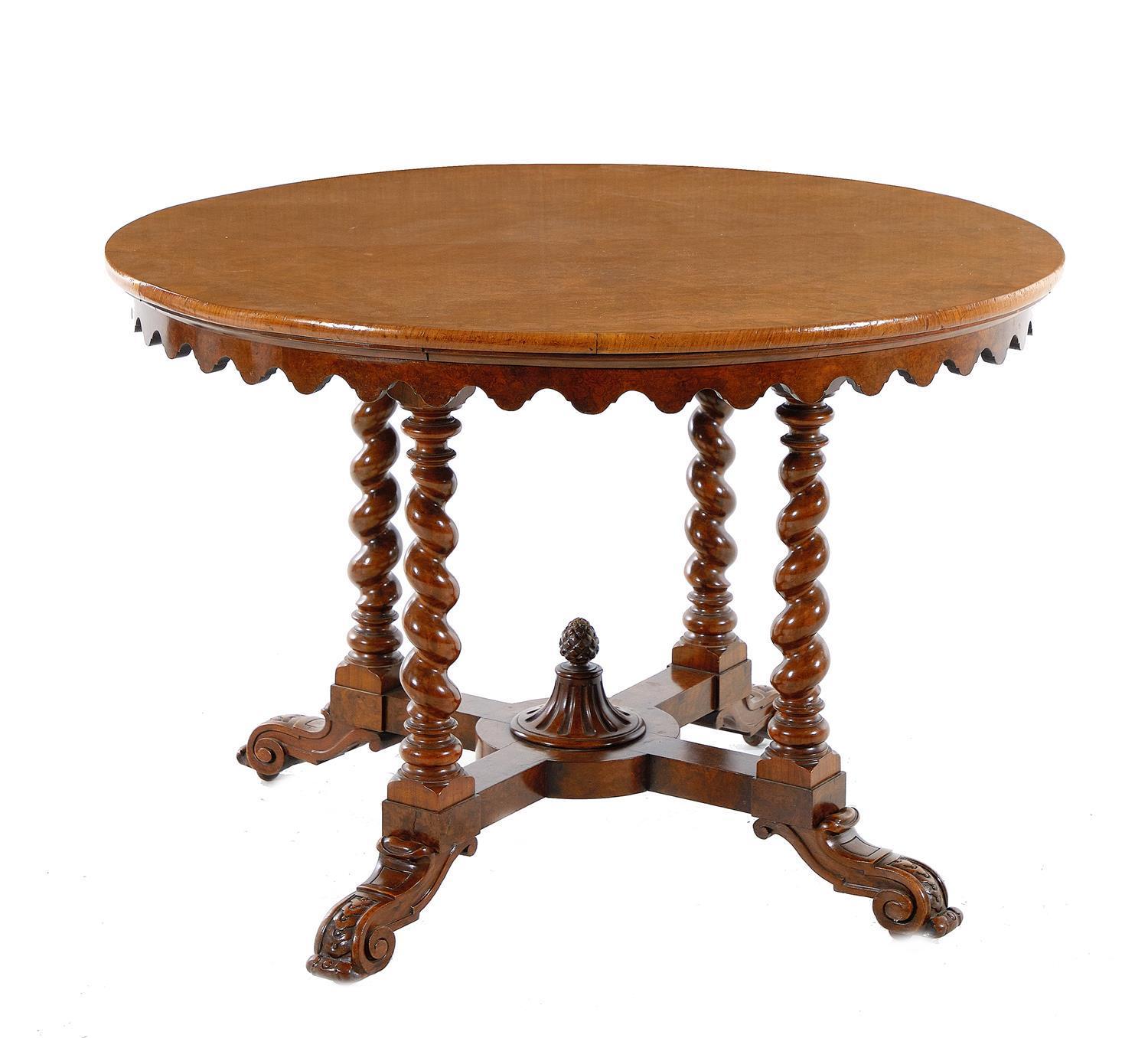 Victorian Walnut Center Table Barley Twist Supports Carved Feet on casters,  19th Century
