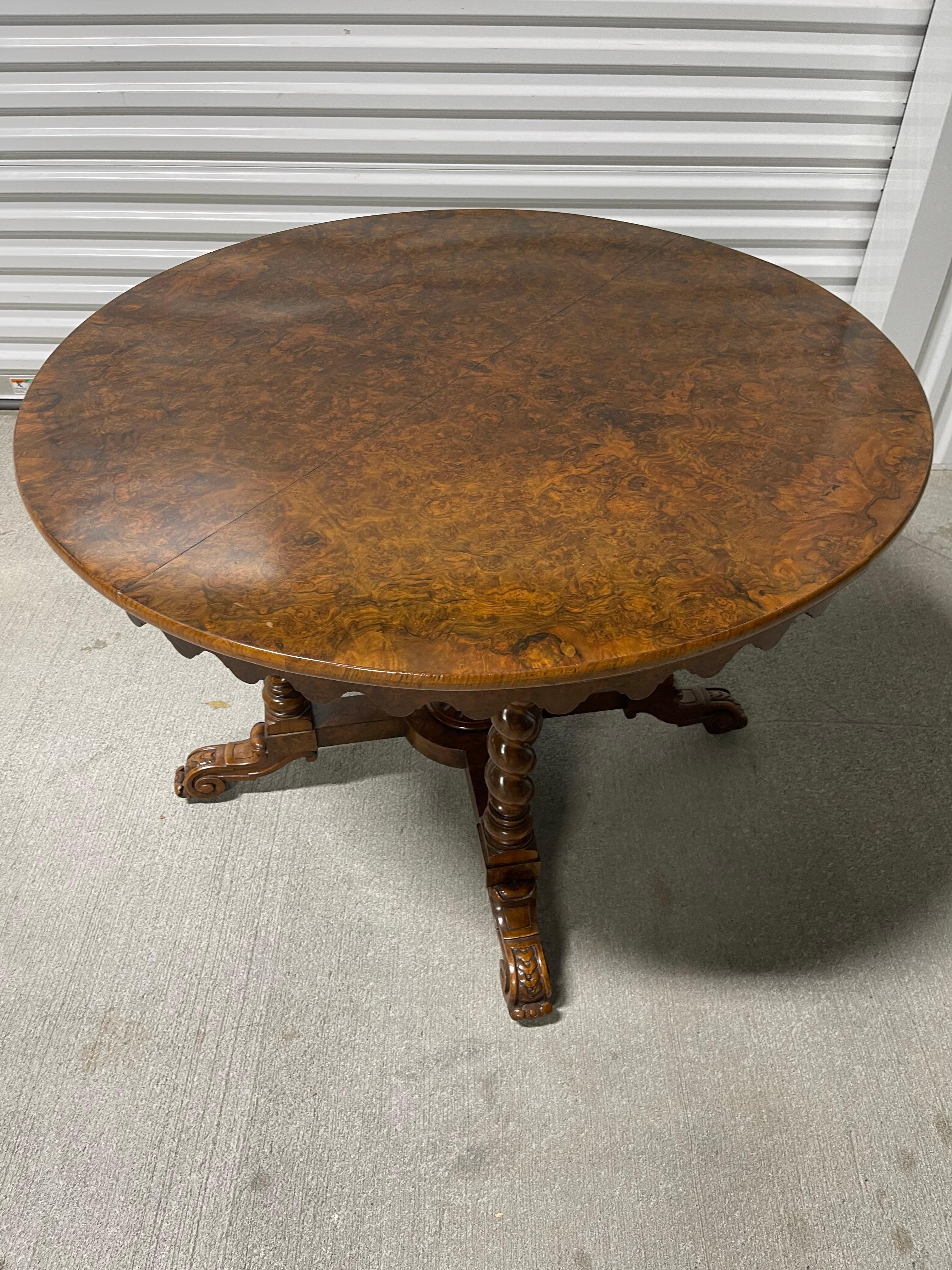 French Victorian Walnut Center Table Barley Twist Supports Carved Feet,  19th Century For Sale