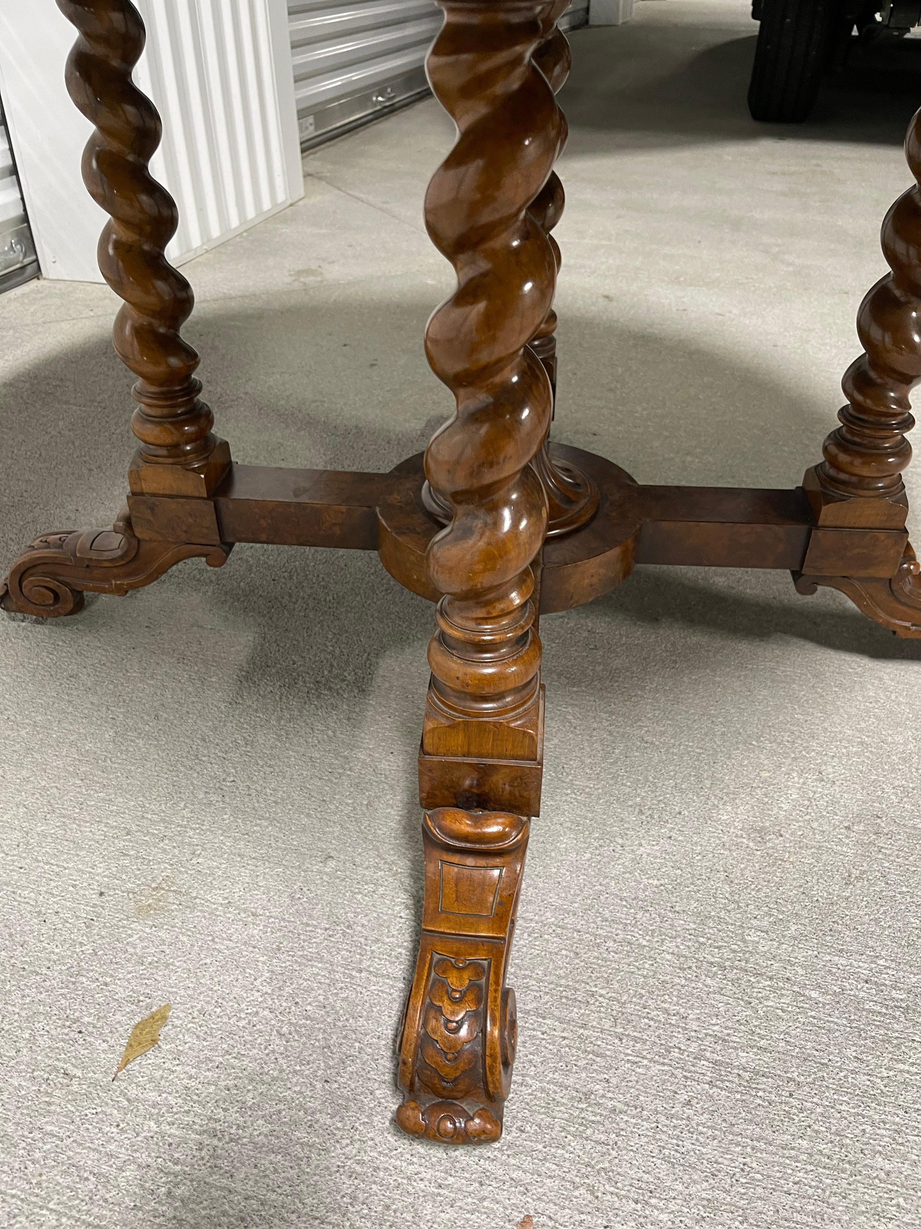 Victorian Walnut Center Table Barley Twist Supports Carved Feet,  19th Century For Sale 1