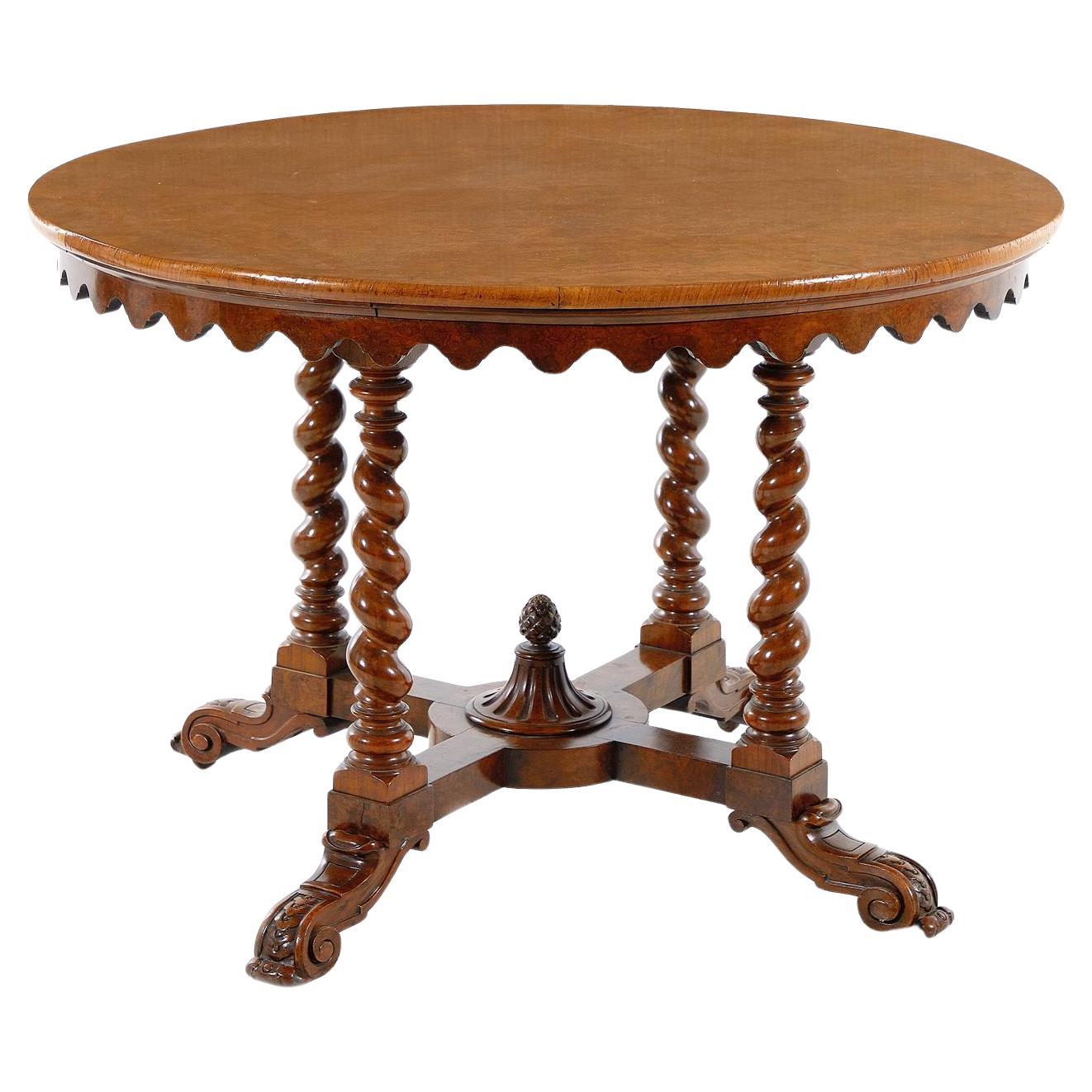 Victorian Walnut Center Table Barley Twist Supports Carved Feet,  19th Century