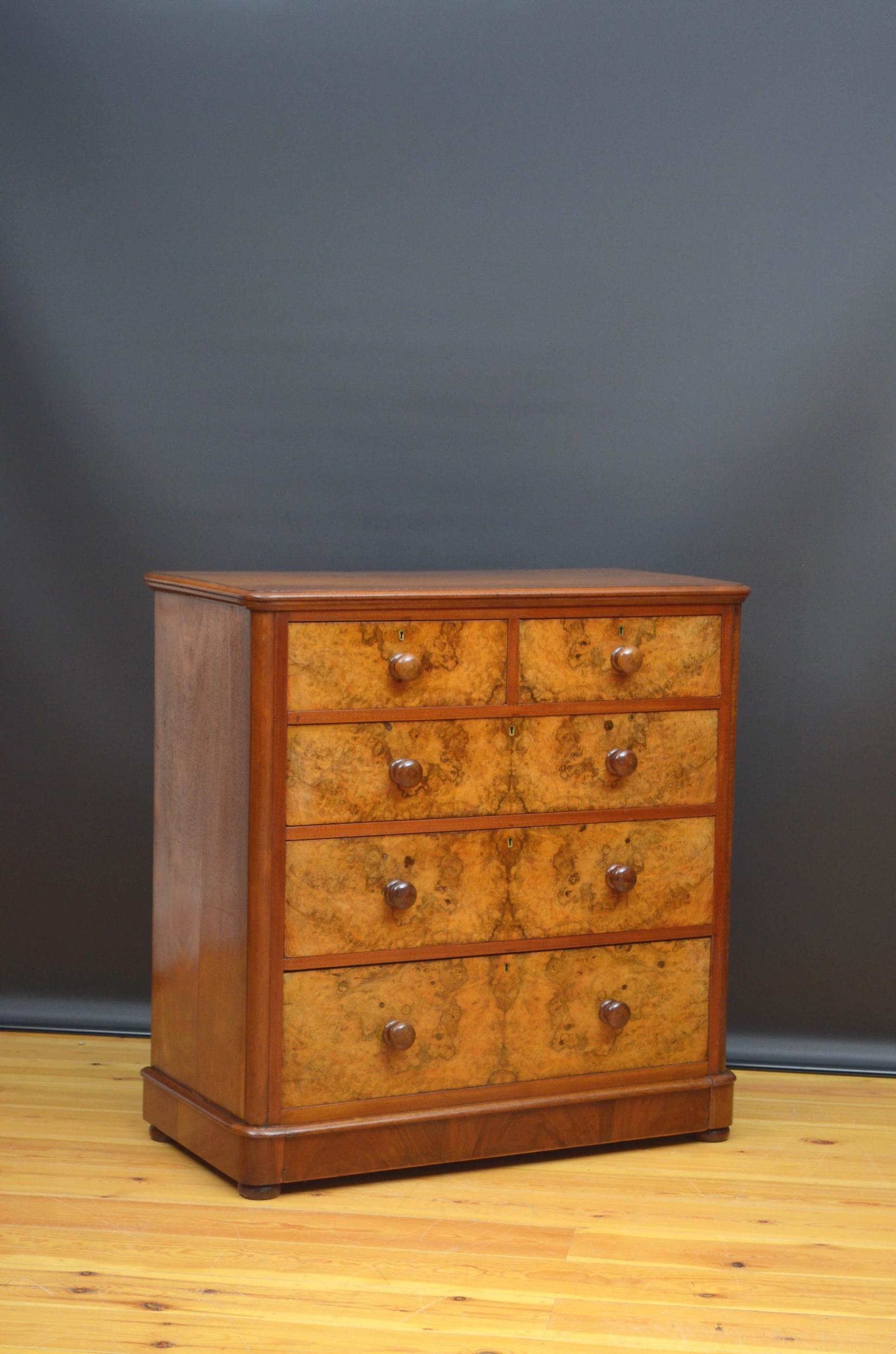 Sn4973, attractive Victorian figured and burr walnut chest of drawers of rounded shoulder design, having figured walnut top with moulded edge above two short and two long mahogany lined burr walnut drawers, bottom drawer being a deep base drawer,