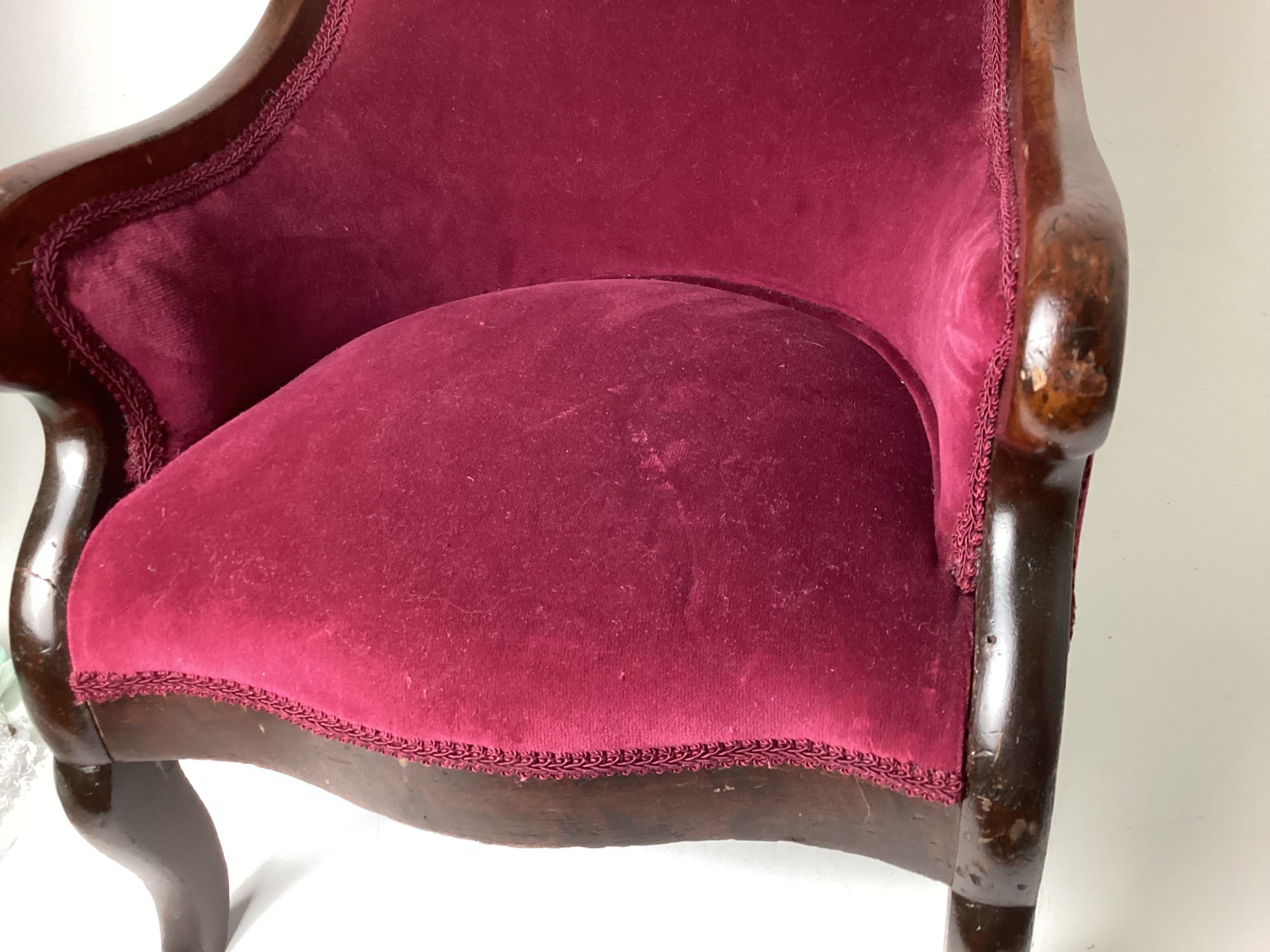 Victorian Walnut Childs Arm Chair in Red Velvet In Good Condition For Sale In Lambertville, NJ