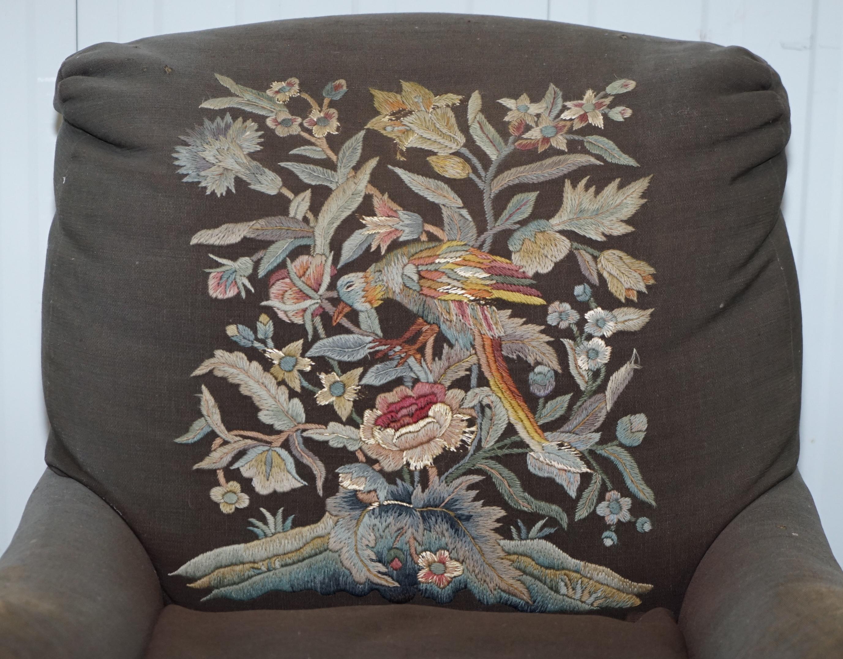 English Victorian Walnut Claw & Ball Framed Howard & Sons Grafton Armchair Embroidered