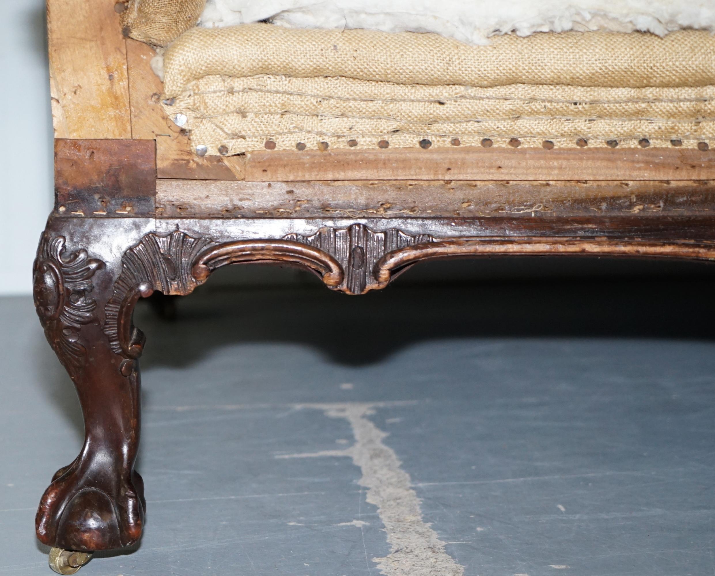 English Victorian Walnut Claw and Ball Framed Howard & Sons Sofa Professional Stripped