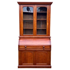 Antique Victorian Walnut Cylinder Bureau Bookcase