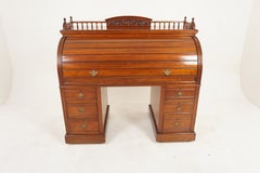 Escritorio Victoriano Cilíndrico de Nogal, Tablero Enrollable, Pedestales, Escocia 1890, H1176