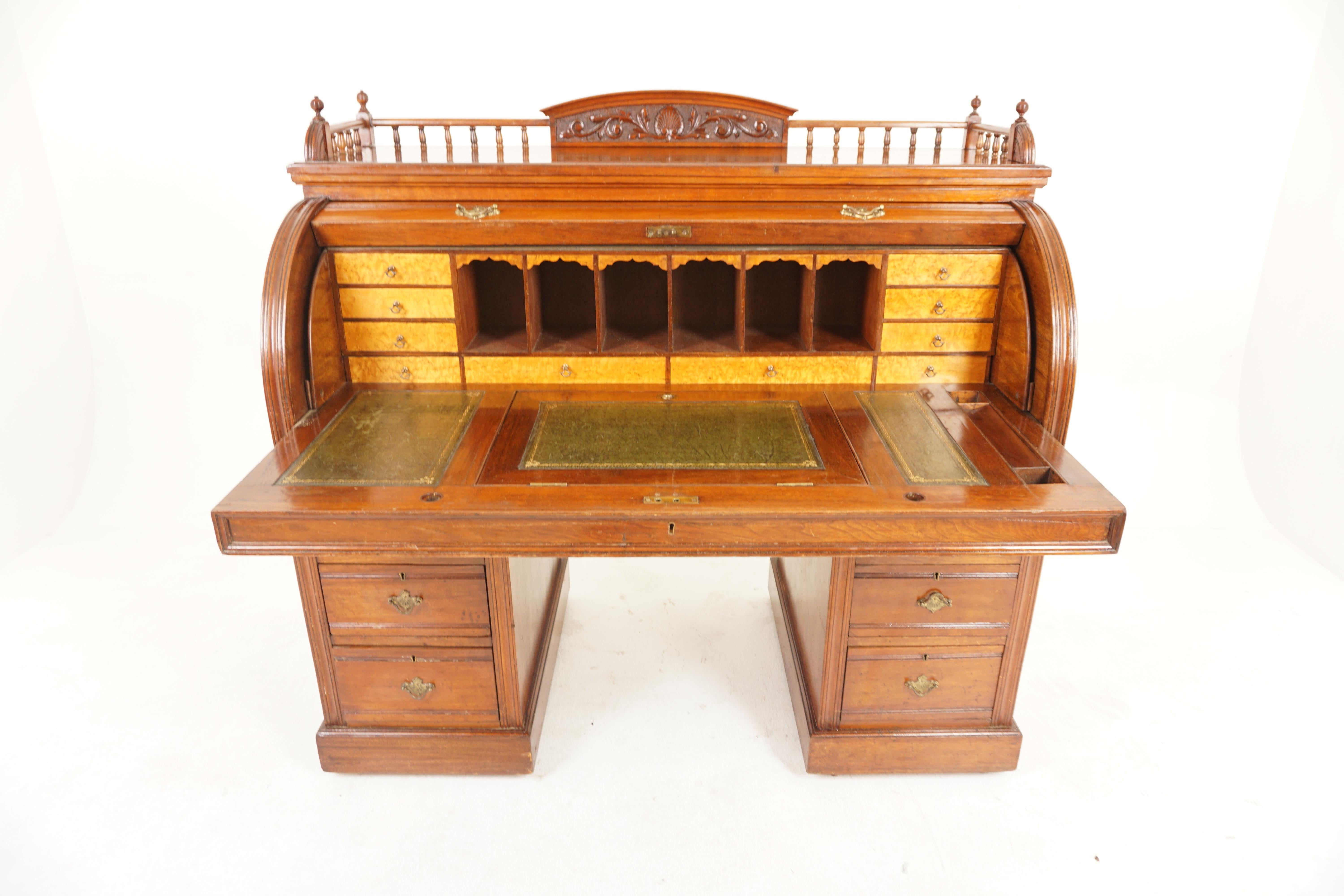 Victorian Walnut Cylinder, Roll Top, Pedestal Desk, Scotland 1890, H1176 In Good Condition In Vancouver, BC