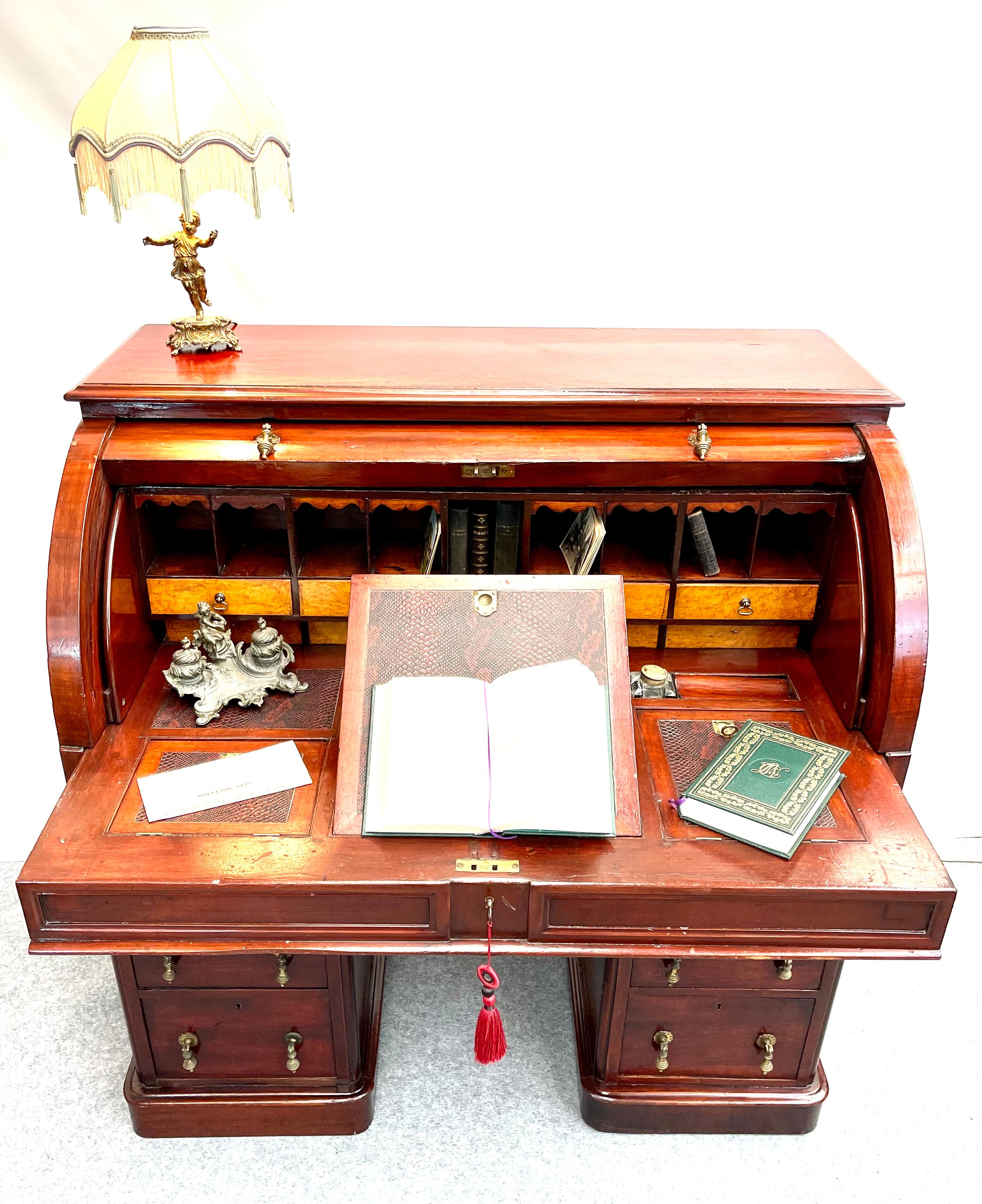 Mid-20th Century Victorian Walnut Cylinder Roll Up Desk with Secret Drawer, 1830s For Sale