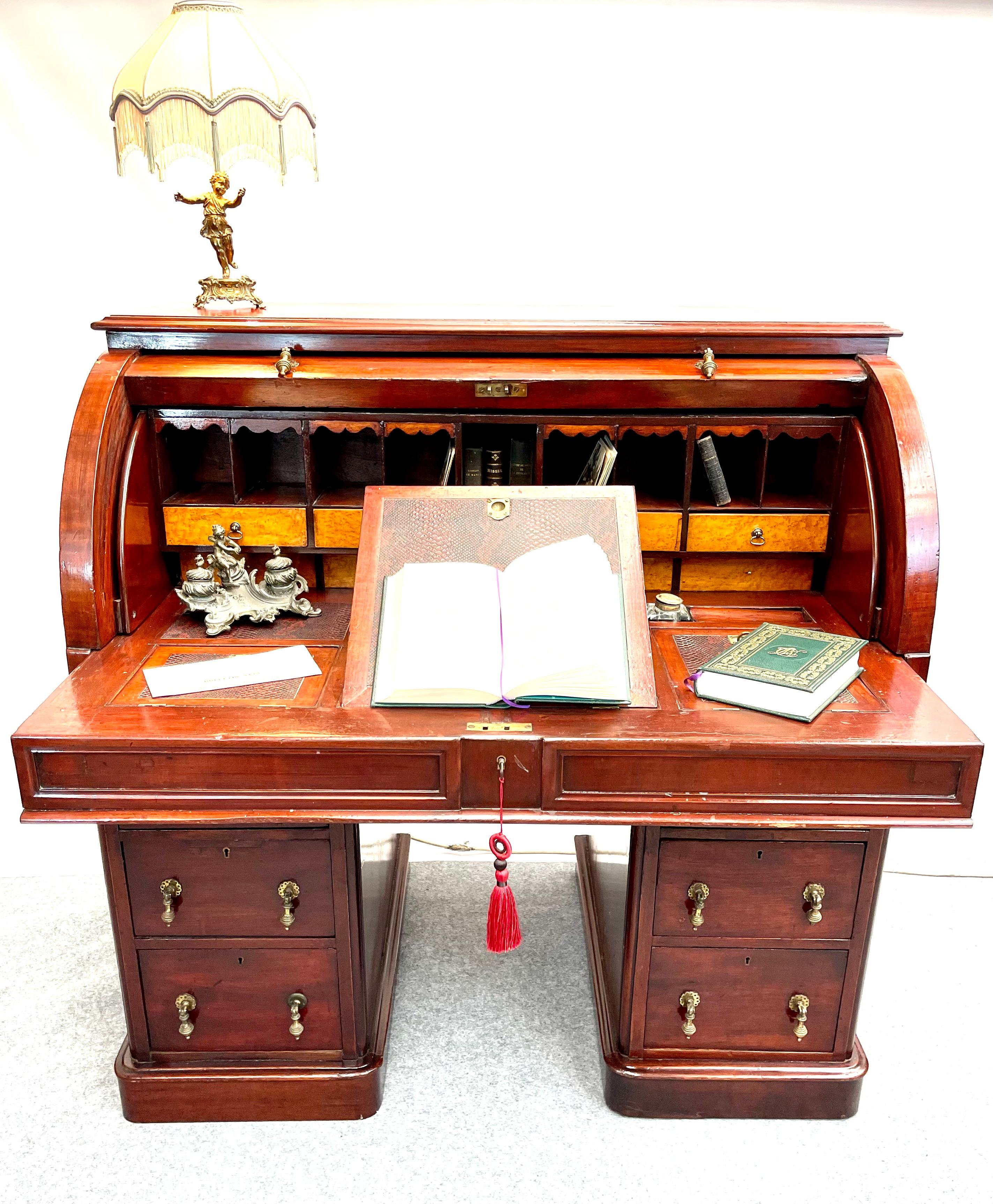 Fruitwood Victorian Walnut Cylinder Roll Up Desk with Secret Drawer, 1830s For Sale