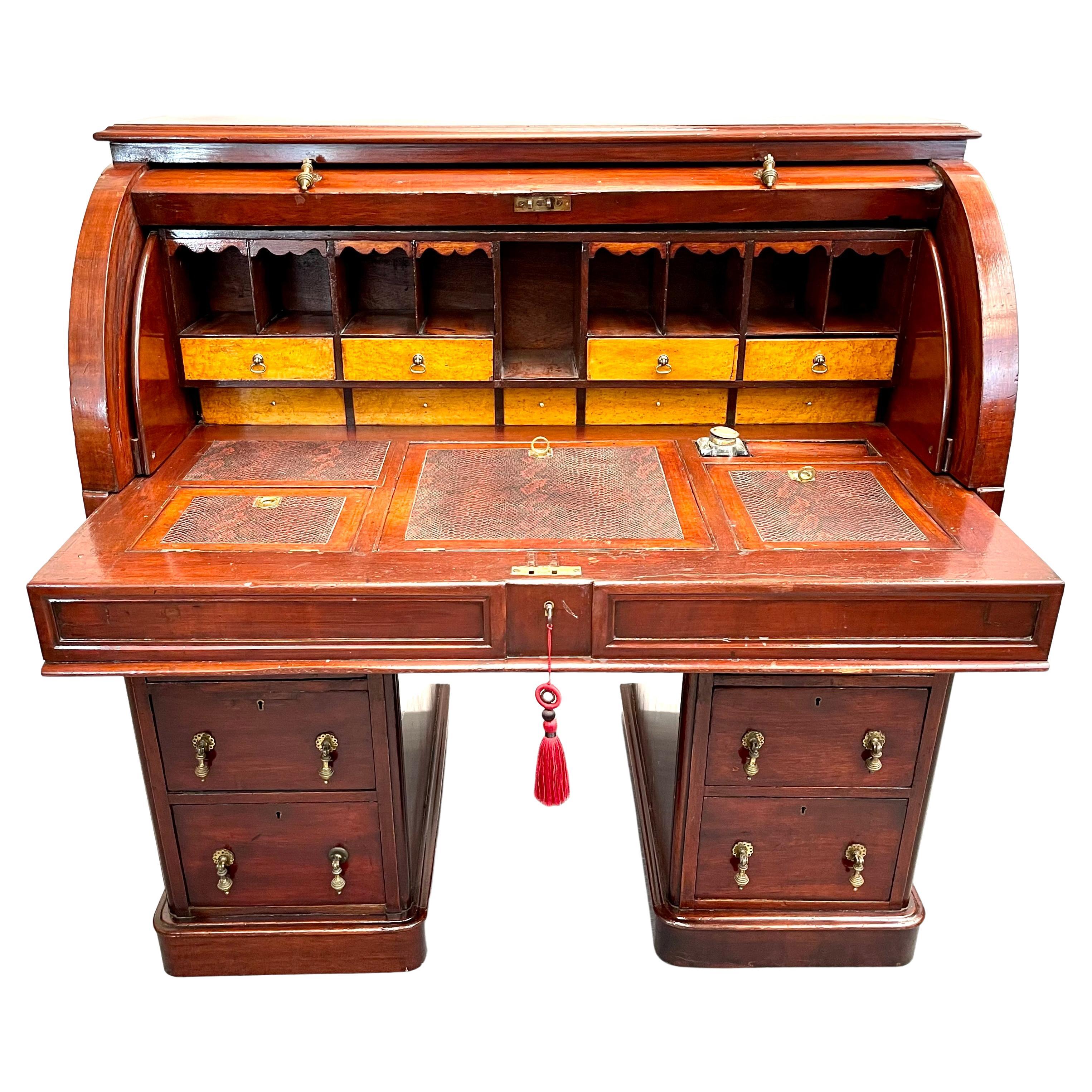 Victorian Walnut Cylinder Roll Up Desk with Secret Drawer, 1830s For Sale