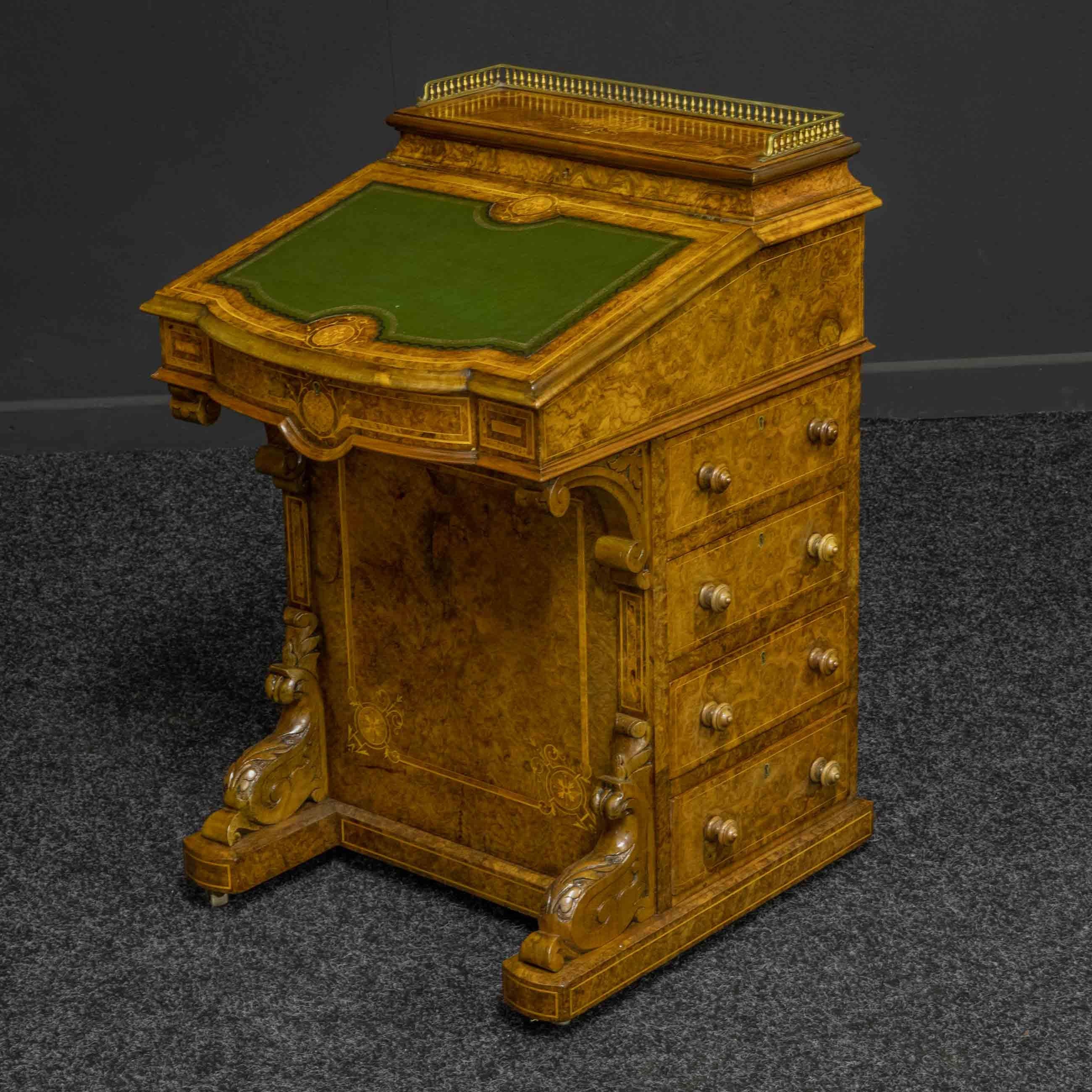 A superb Victorian burr walnut veneered Davenport beautifully decorated with inlaid crossbanding, stringing and more detailed panels. With dummy drawers to one side and real ones to the other side. All the knobs are crisply turned and not chipped.