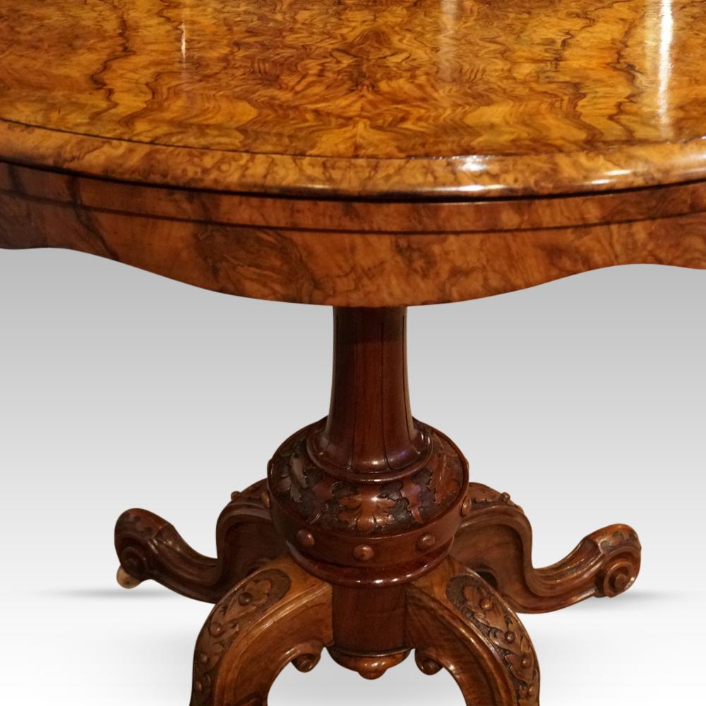 Victorian walnut demi lune card table 
This Victorian walnut demi lune card table was made circa 1870.
The burr walnut top swivels and folds open to reveal the green baize lined paying surface.
The attractive shaped apron that runs under the