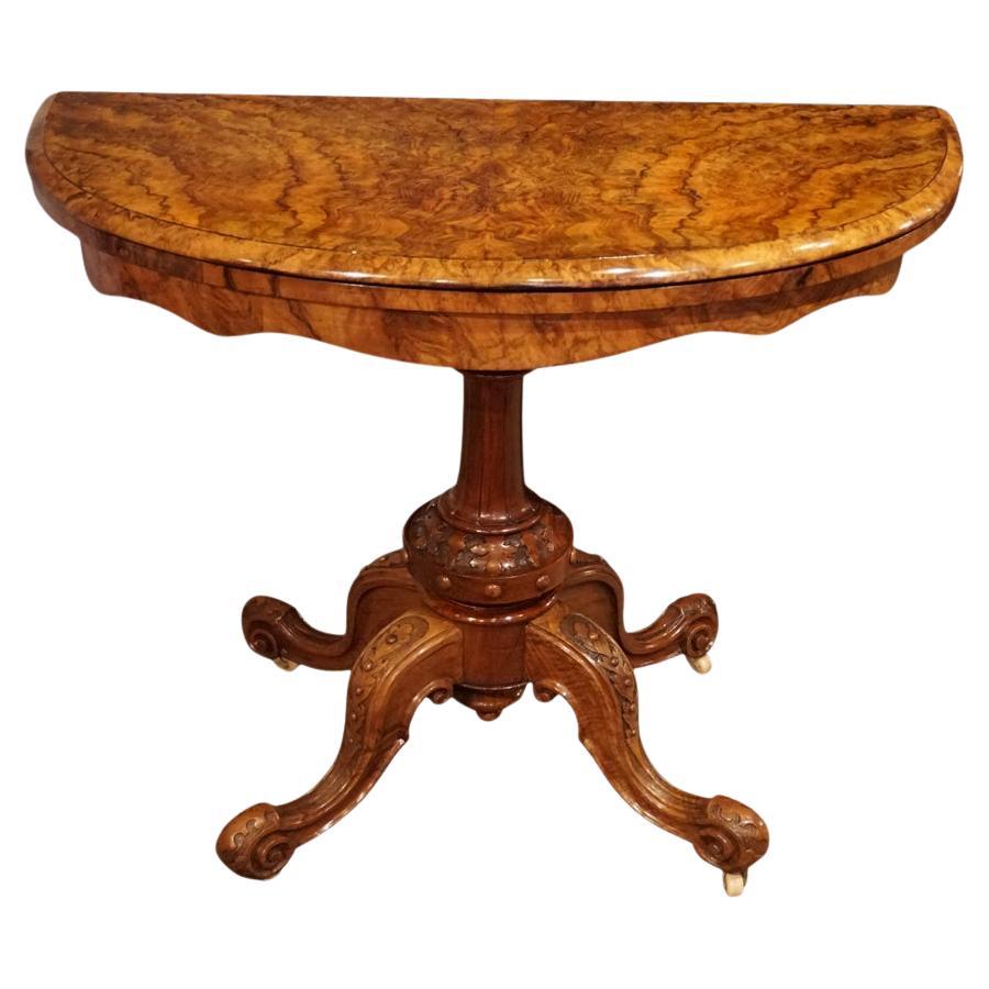 Victorian walnut demi lune card table  For Sale