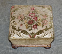 Victorian Walnut Embroidered Footstool with Tapered Ottoman Sides Lovely Find