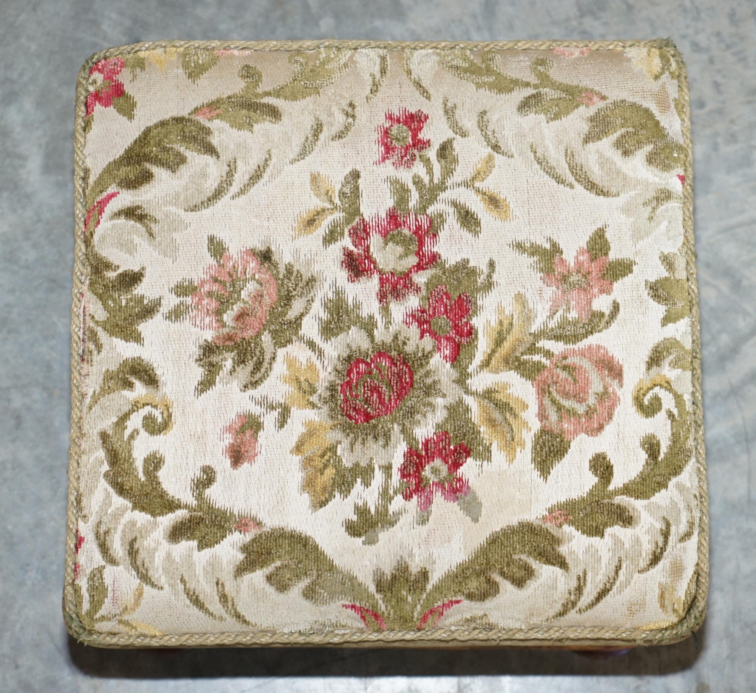 English Victorian Walnut Embroidered Footstool with Tapered Ottoman Sides Lovely Find