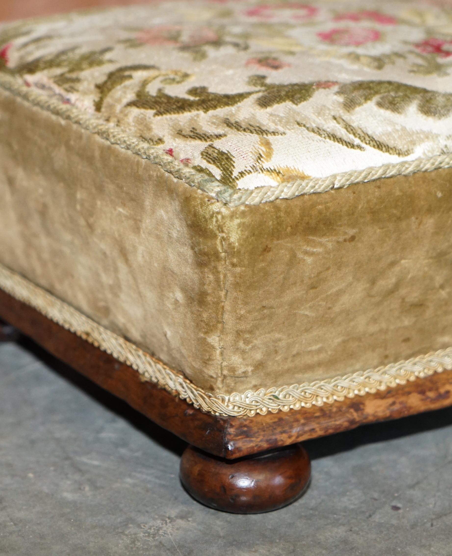 Upholstery Victorian Walnut Embroidered Footstool with Tapered Ottoman Sides Lovely Find For Sale