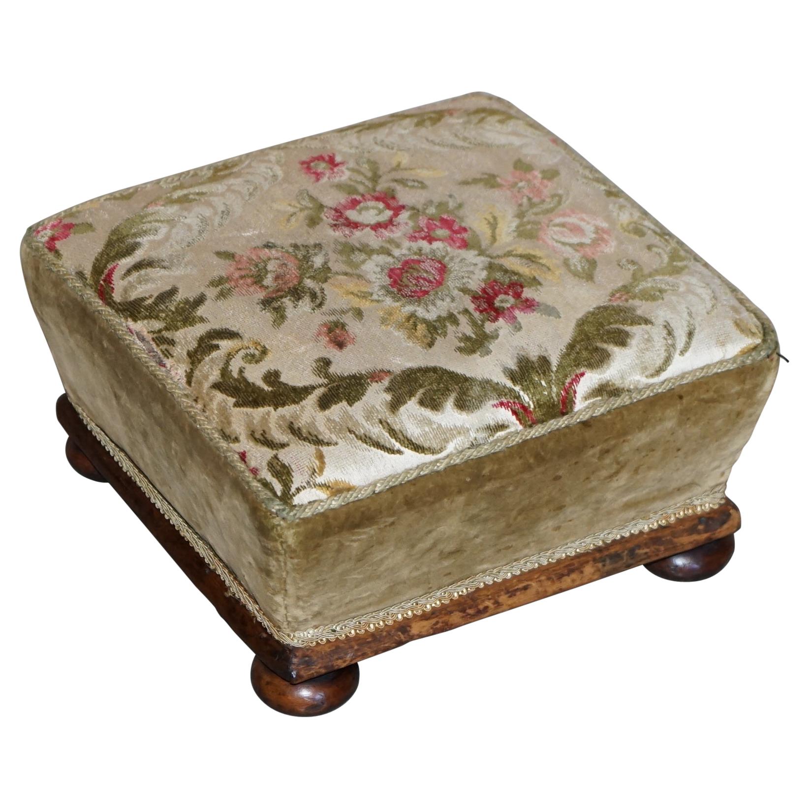 Victorian Walnut Embroidered Footstool with Tapered Ottoman Sides Lovely Find For Sale