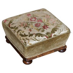 Victorian Walnut Embroidered Footstool with Tapered Ottoman Sides Lovely Find