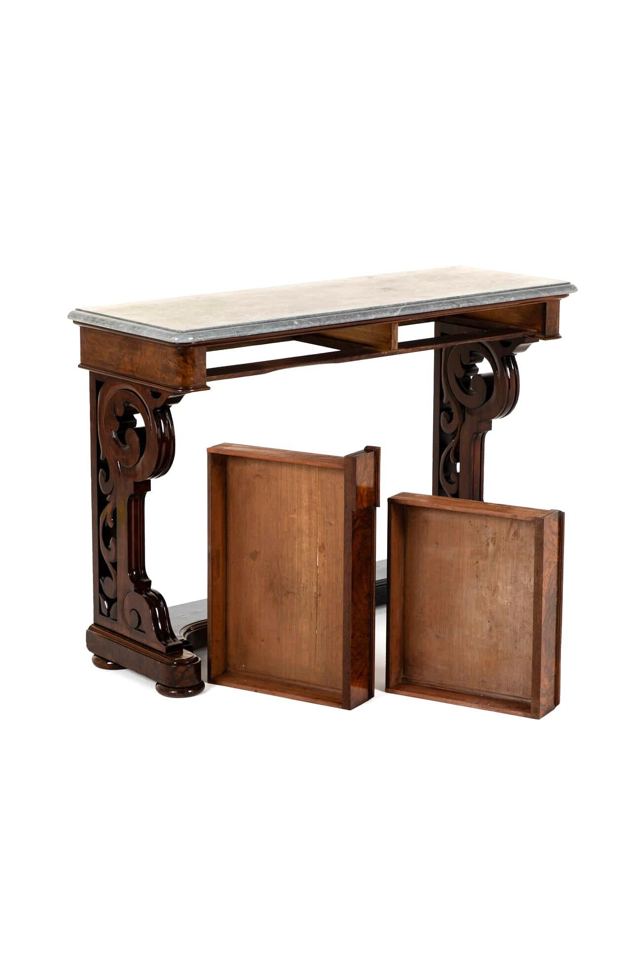 Hand-Carved Victorian Walnut Entrance Hall Side Table with Marble Top For Sale