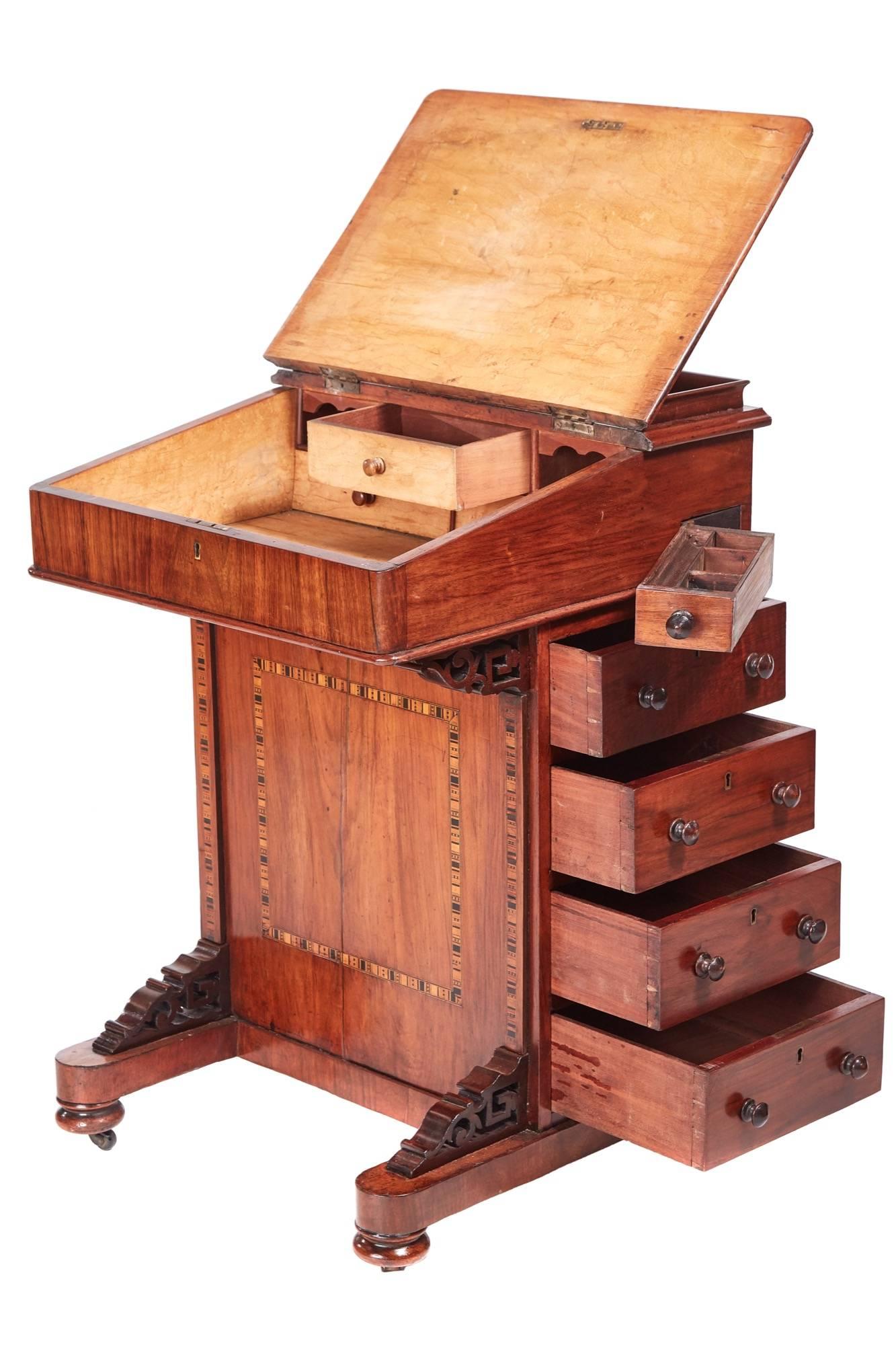 Victorian walnut freestanding inlaid davenport with unusual tumbridge ware inlay, shaped gallery, leather lined hinged writing slope opens to reveal a fitted interior, the right side having a slide out hinged pen drawer and four opening drawers with