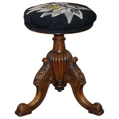 Victorian Walnut Hand Carved Base Height Adjustable Piano Stool Embroidered Seat