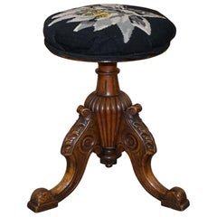 Antique Victorian Walnut Hand Carved Base Height Adjustable Piano Stool Embroidered Seat