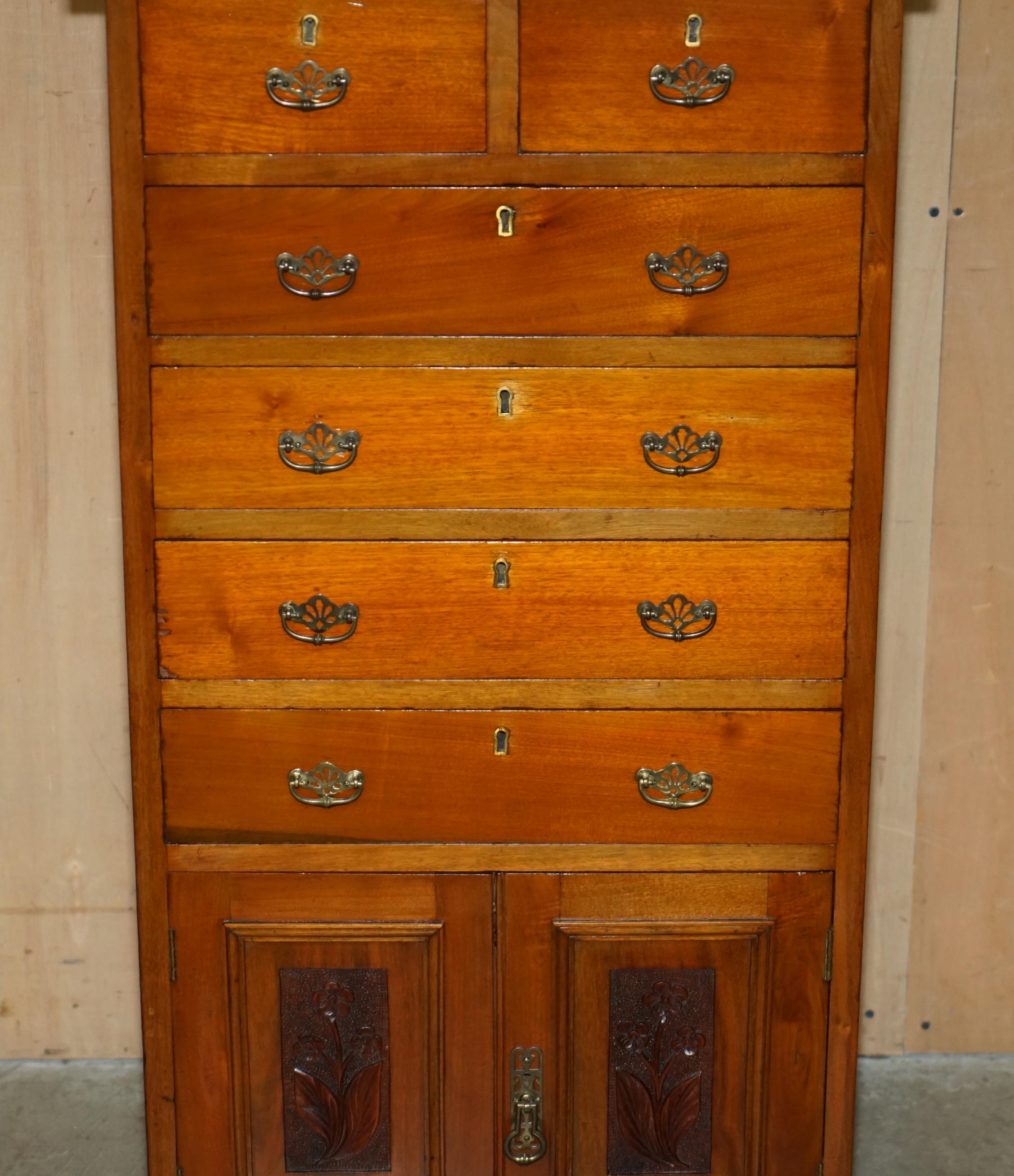 English VICTORiAN WALNUT HAND CARVED TALLBOY CHEST OF DRAWERS CUPBOARD WITH GALLERY RAIL For Sale