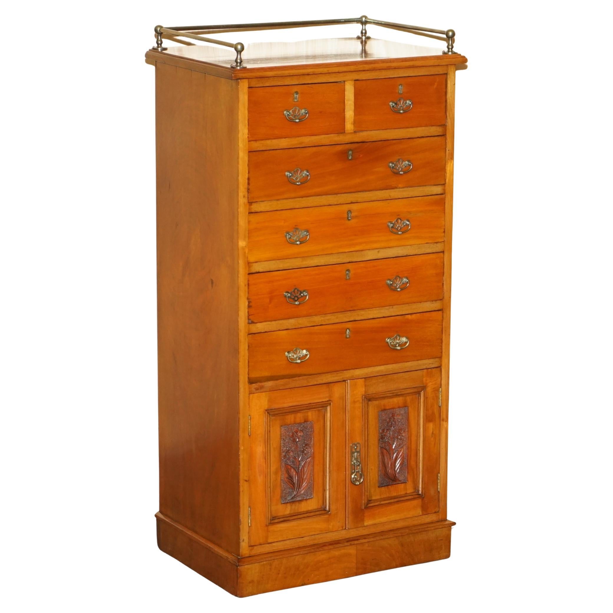 VICTORiAN WALNUT HAND CARVED TALLBOY CHEST OF DRAWERS CUPBOARD WITH GALLERY RAIL For Sale