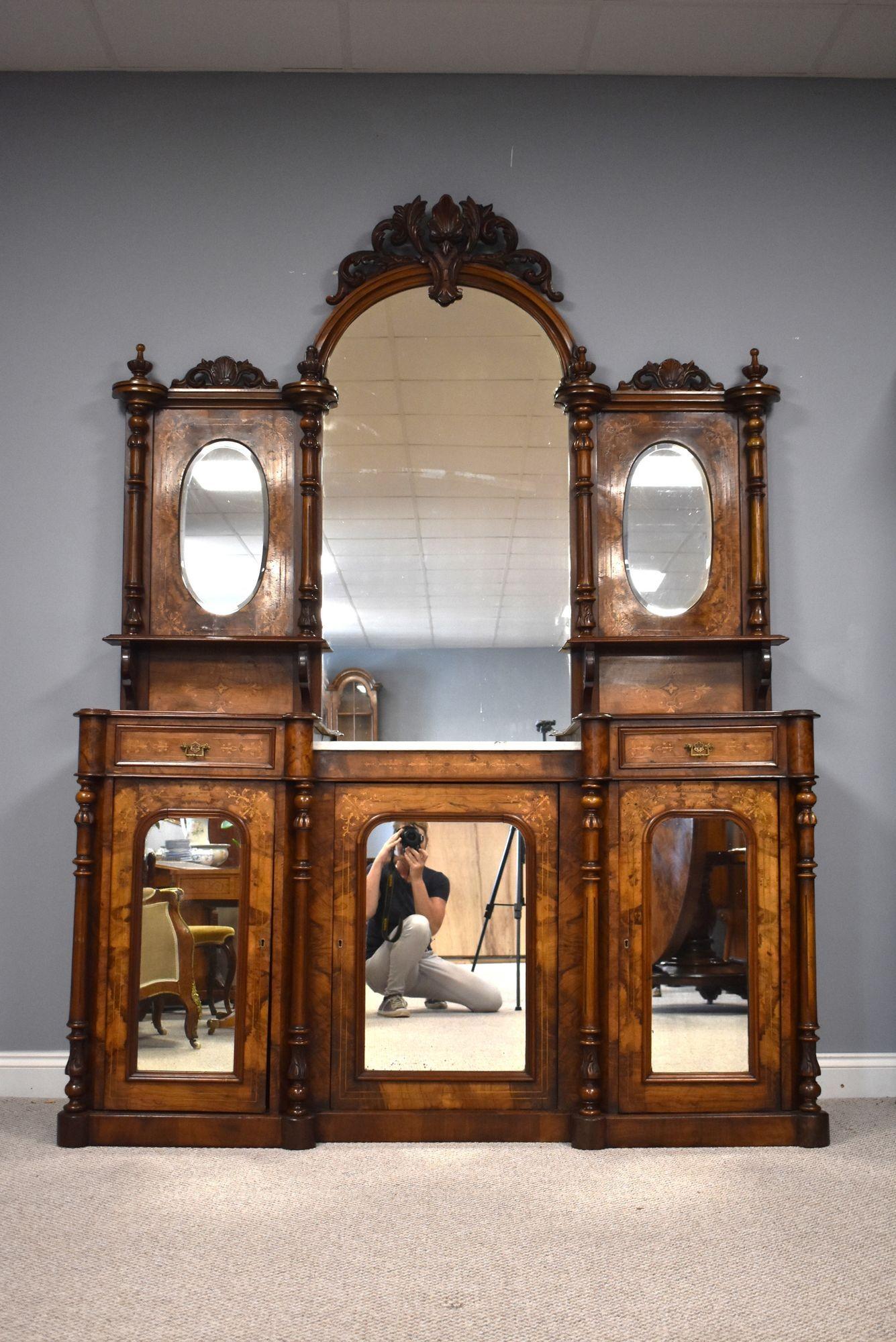 European Victorian Walnut Inlaid Mirror Back Sideboard