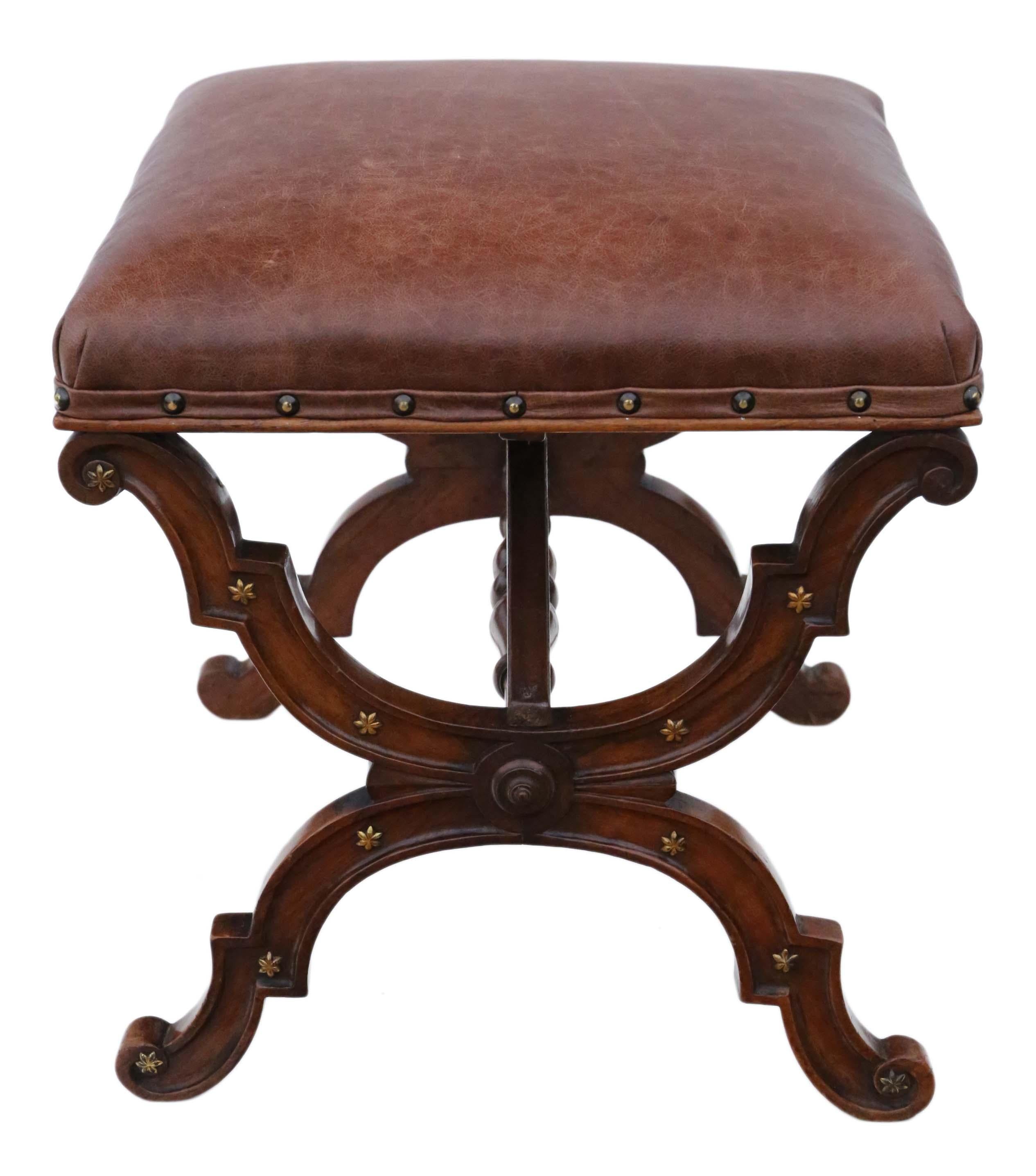 Victorian Walnut Leather X-Frame Stool Seat Foot In Good Condition In Wisbech, Cambridgeshire