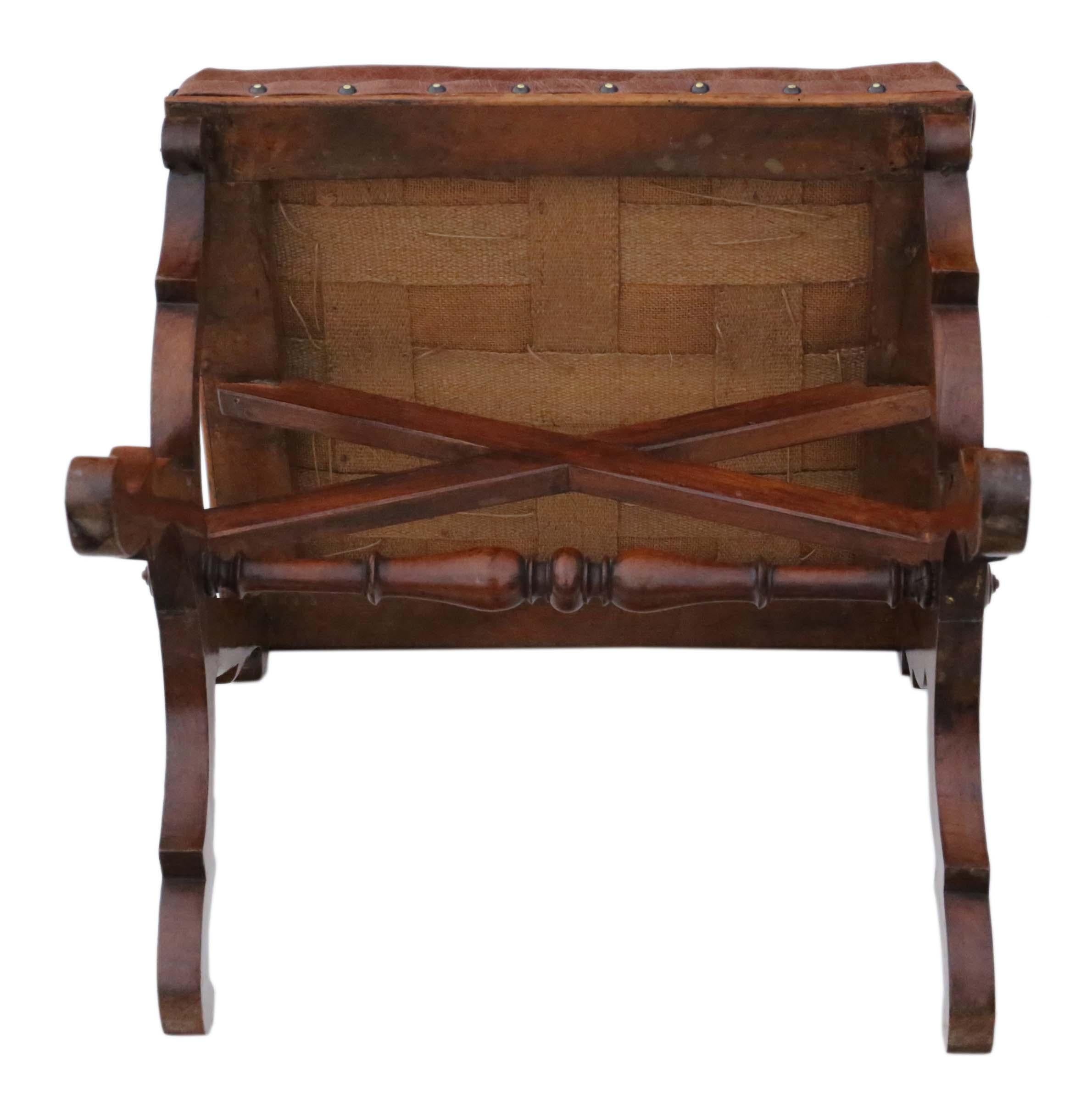 Victorian Walnut Leather X-Frame Stool Seat Foot 1