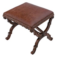 Victorian Walnut Leather X-Frame Stool Seat Foot