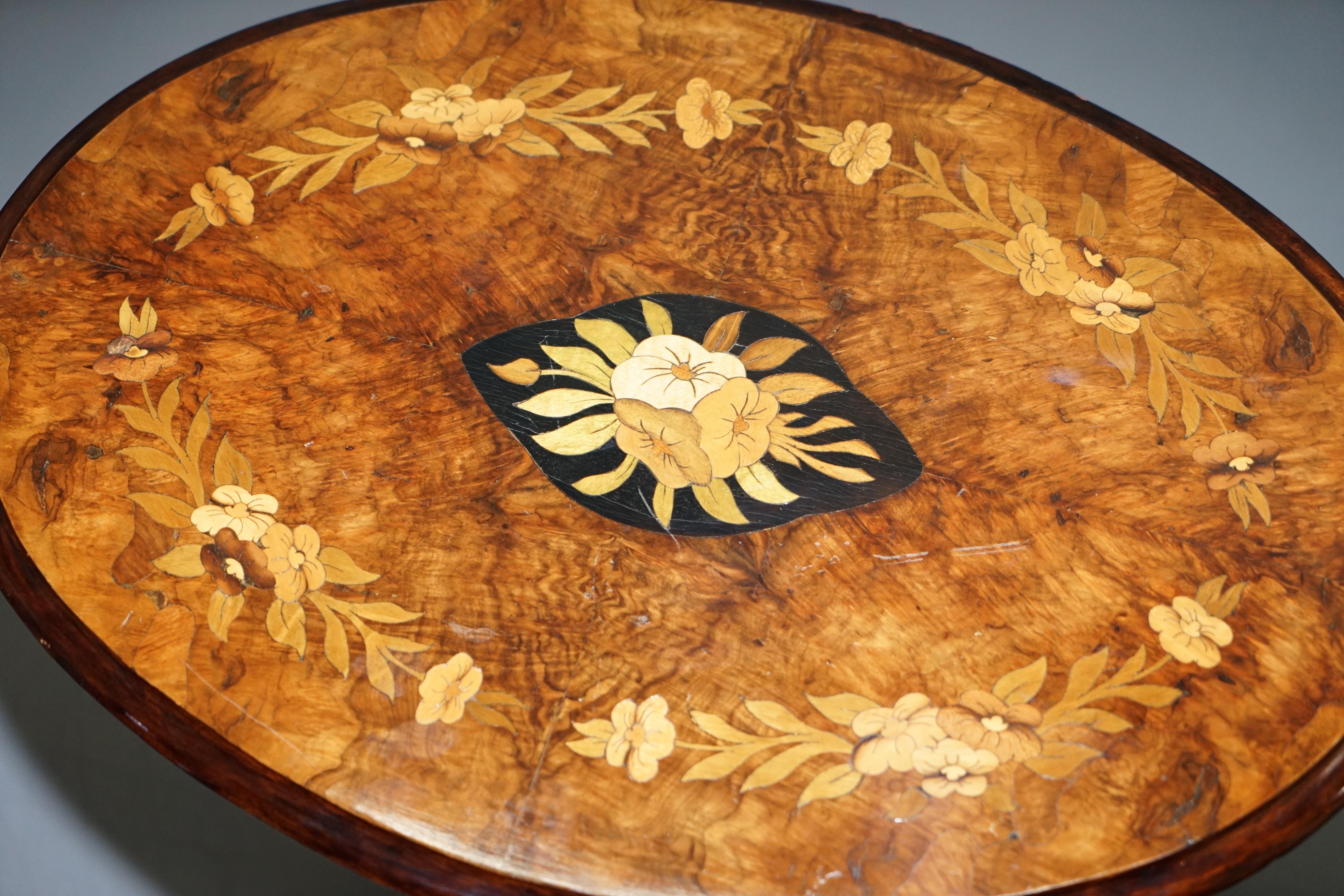 English Victorian Walnut and Marquetry Inlaid Tilt Top Oval Side Table Bulbous Pedestal For Sale
