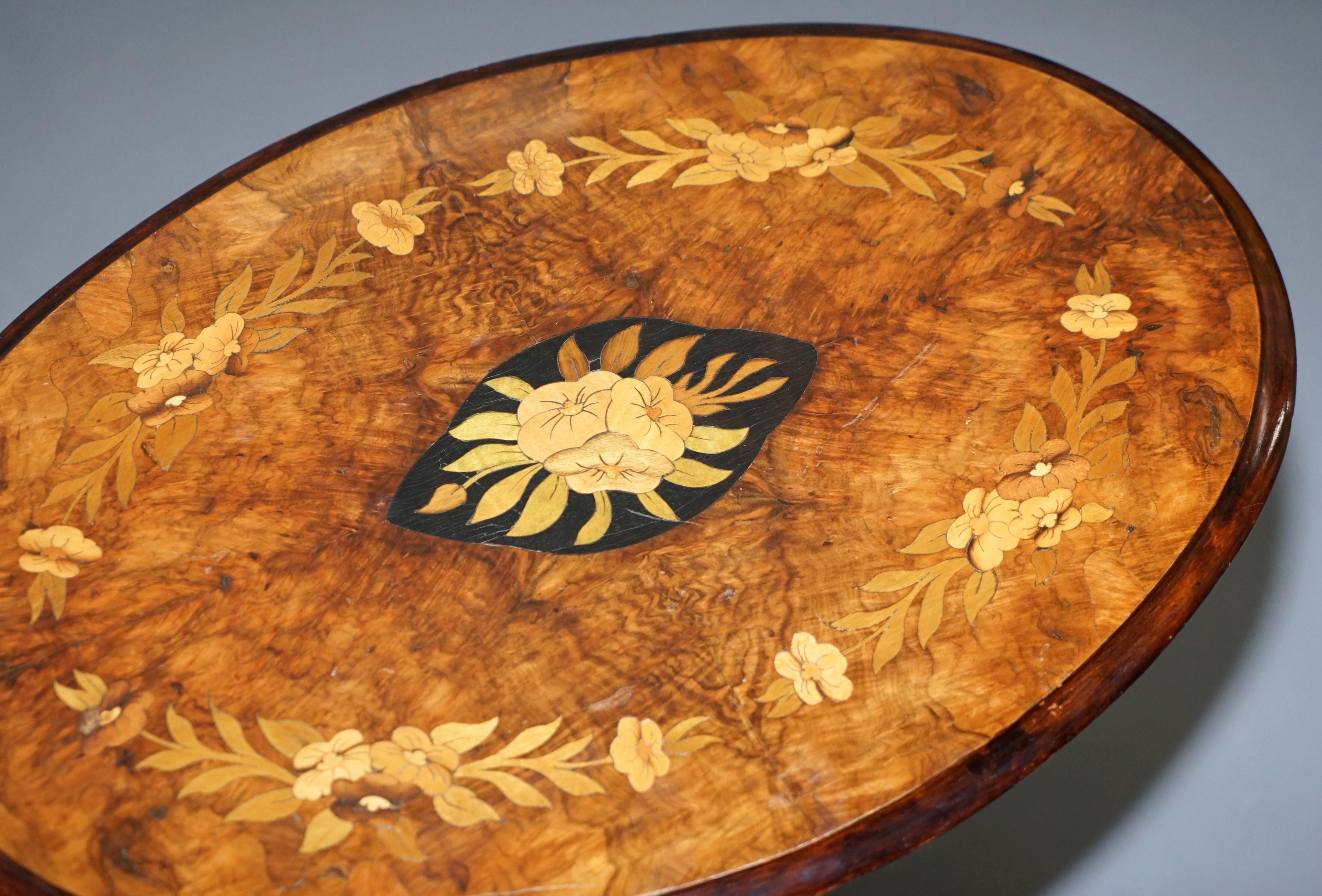 19th Century Victorian Walnut and Marquetry Inlaid Tilt Top Oval Side Table Bulbous Pedestal For Sale