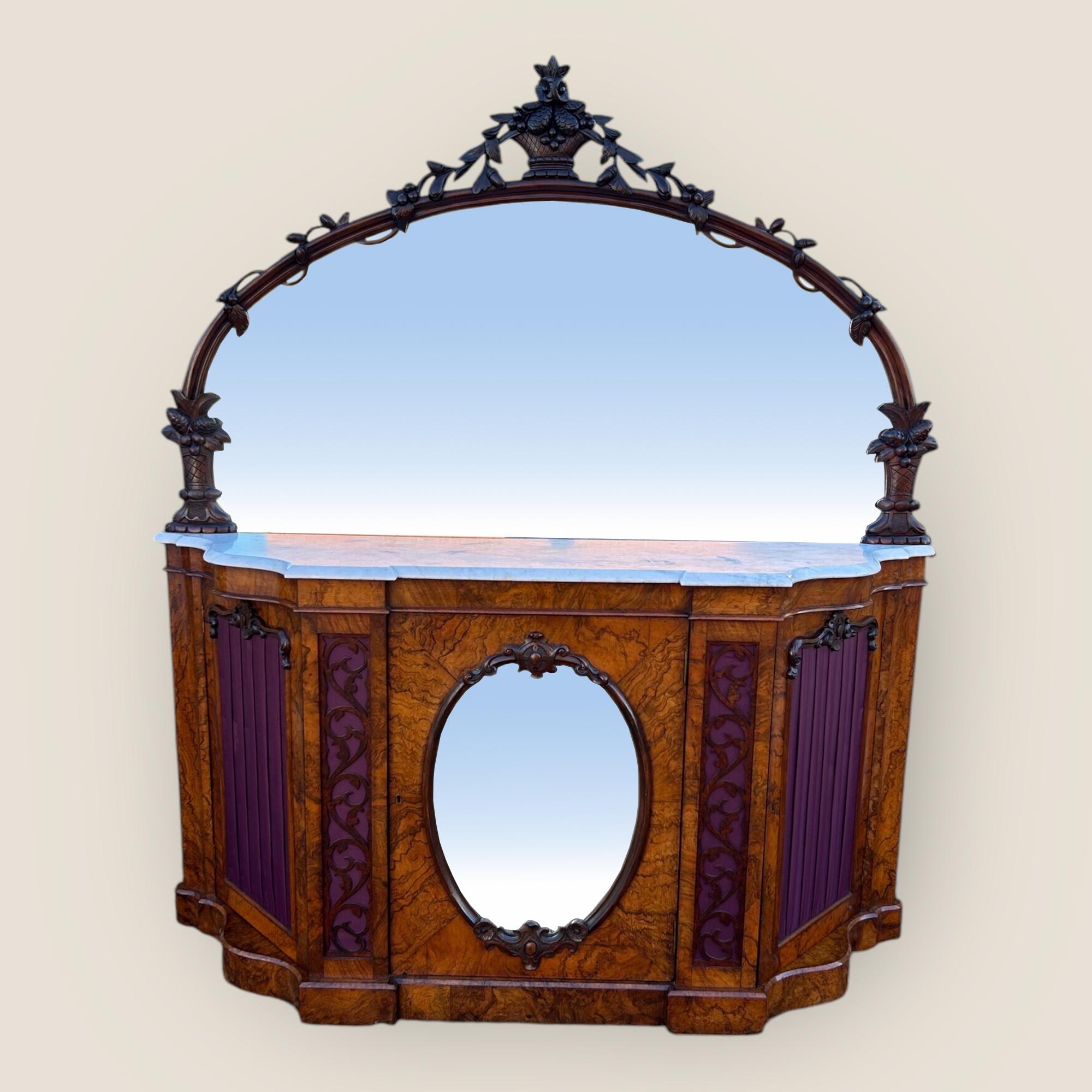 Victorian Walnut & Marble Carved Mirror Backed Sideboard / Credenza with Shelves For Sale 2