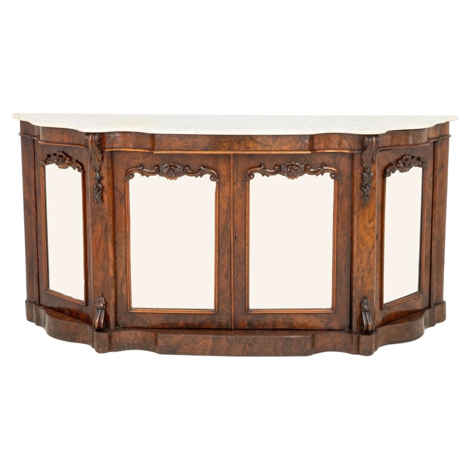 Victorian Antique Walnut Mirrored Credenza with Marble Top, 19th Century