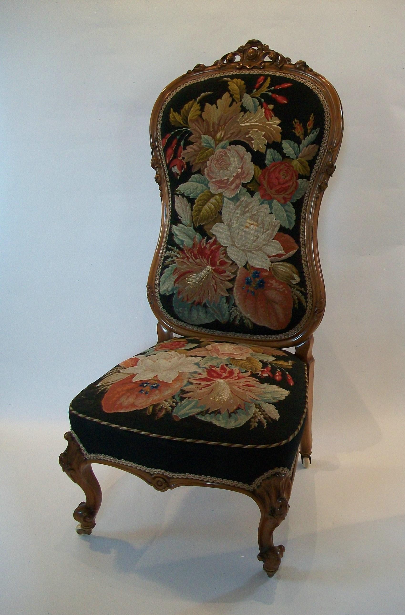 High Victorian Victorian Walnut & Needlepoint Nursing Chair, United Kingdom, Mid-19th Century For Sale