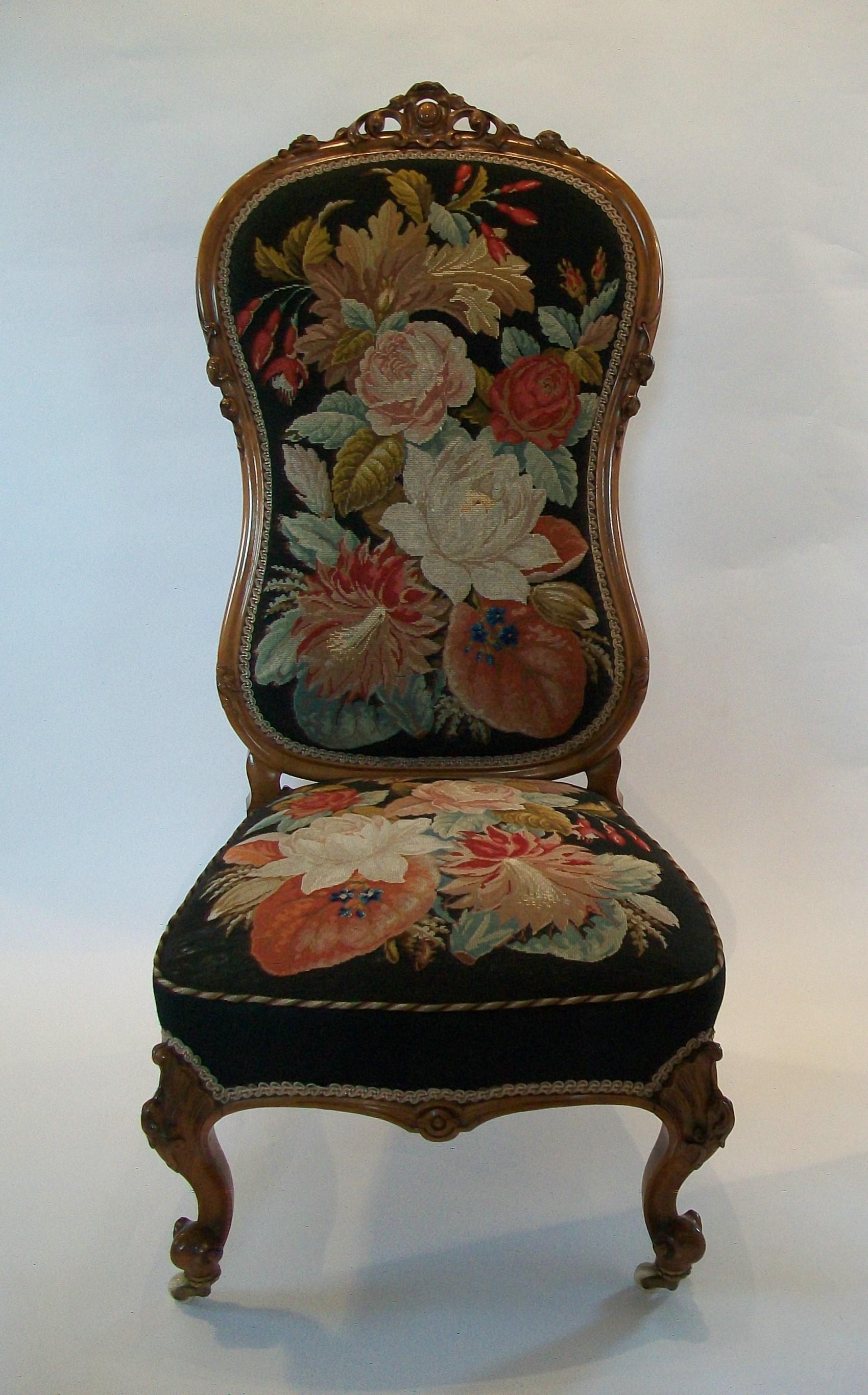 English Victorian Walnut & Needlepoint Nursing Chair, United Kingdom, Mid-19th Century For Sale