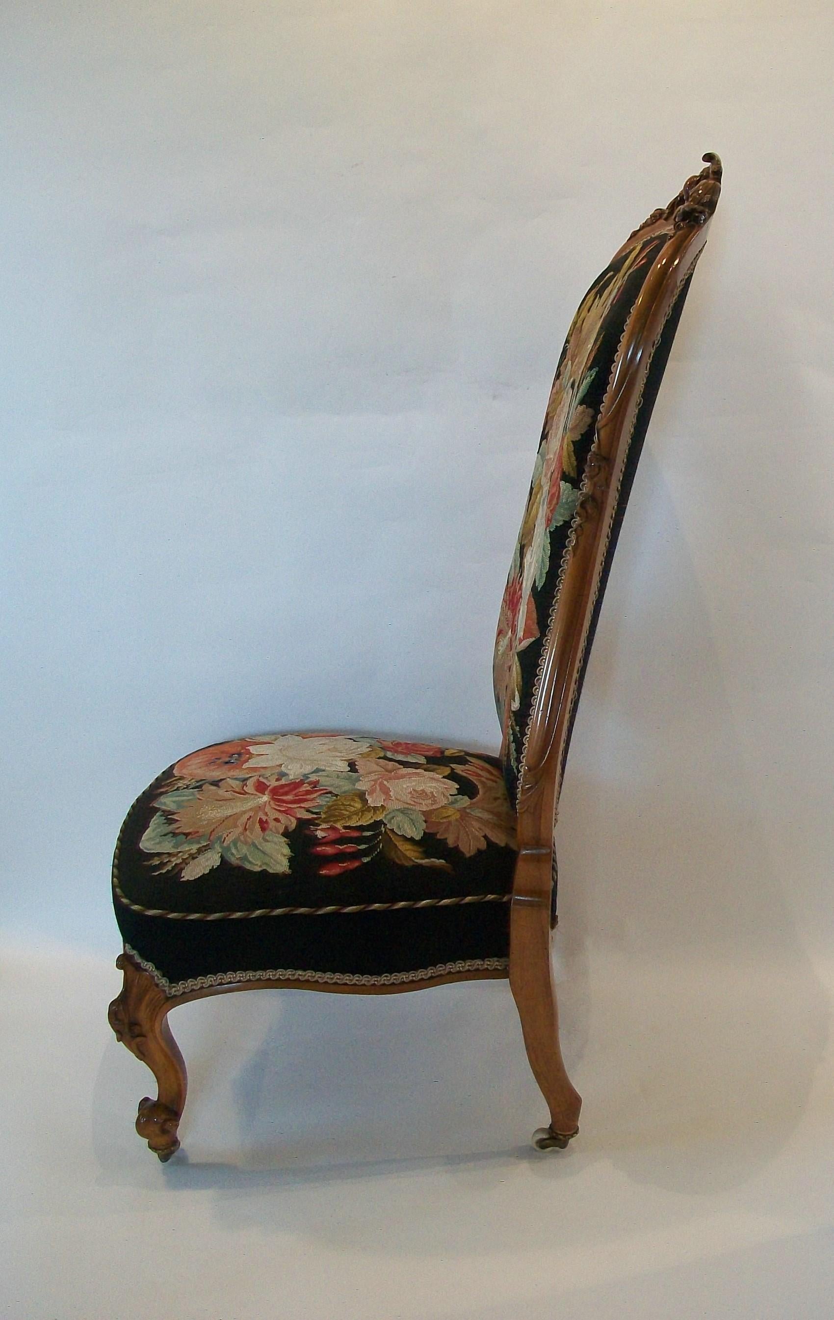 Tapestry Victorian Walnut & Needlepoint Nursing Chair, United Kingdom, Mid-19th Century For Sale